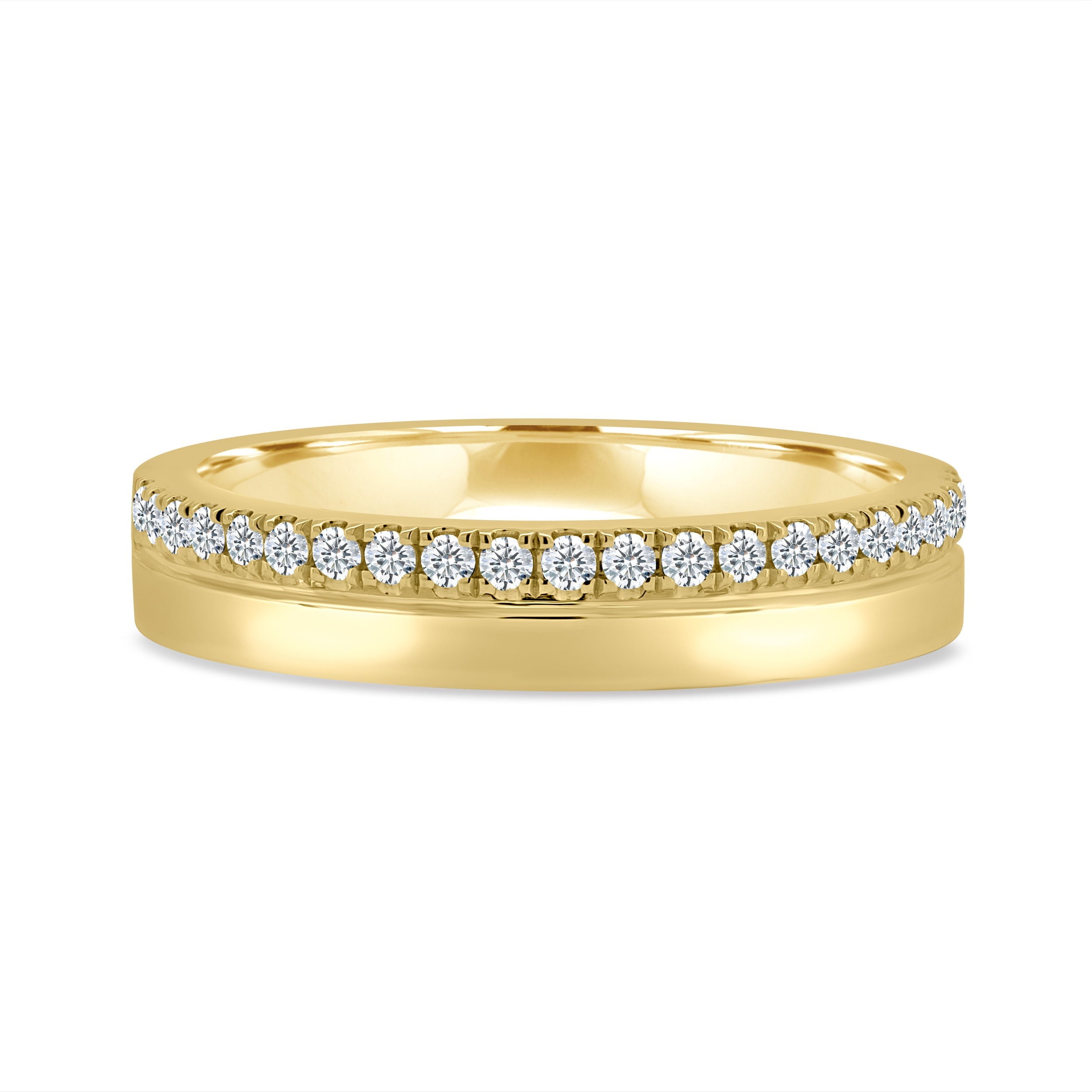 0.21 TCW round cut moissanite pavé wedding band in a bold cigar-style design – wide gold band with delicate sparkle, perfect for modern bridal or statement wear.