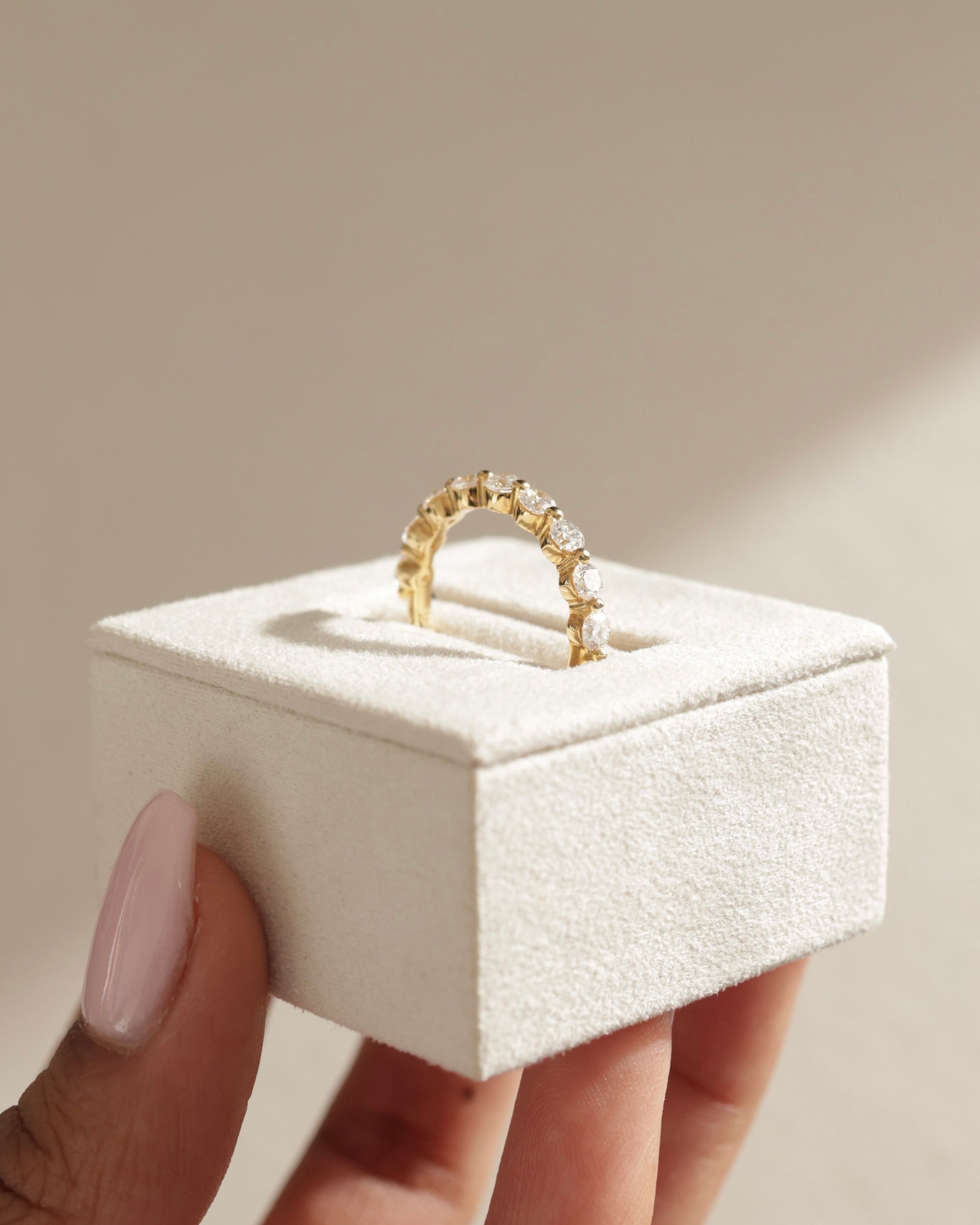 0.41 TCW round cut moissanite half eternity wedding band – classic and delicate gold band with sparkling stones, perfect for bridal stacking or everyday elegance.