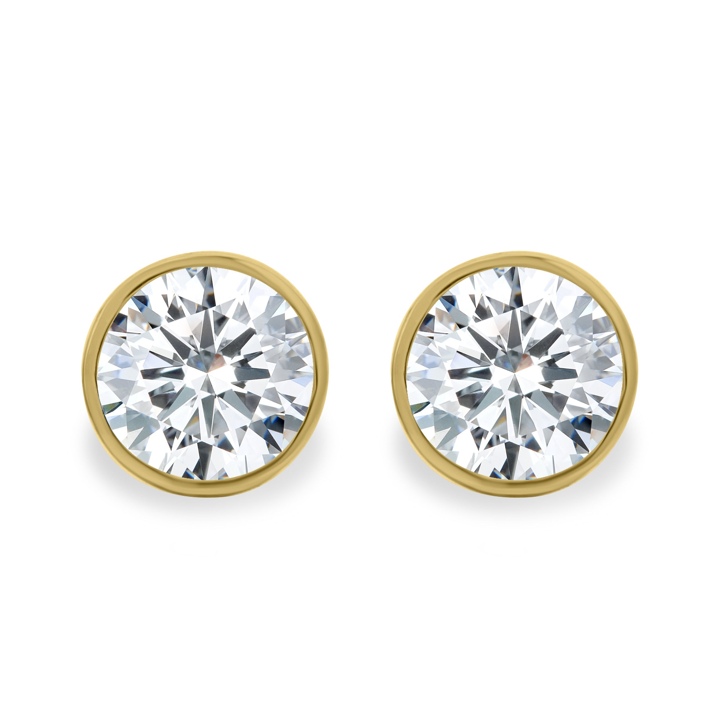 2.00 CT round cut moissanite earrings with bezel prong setting – elegant gold studs combining secure design with brilliant sparkle, ideal for bridal or everyday luxury.
