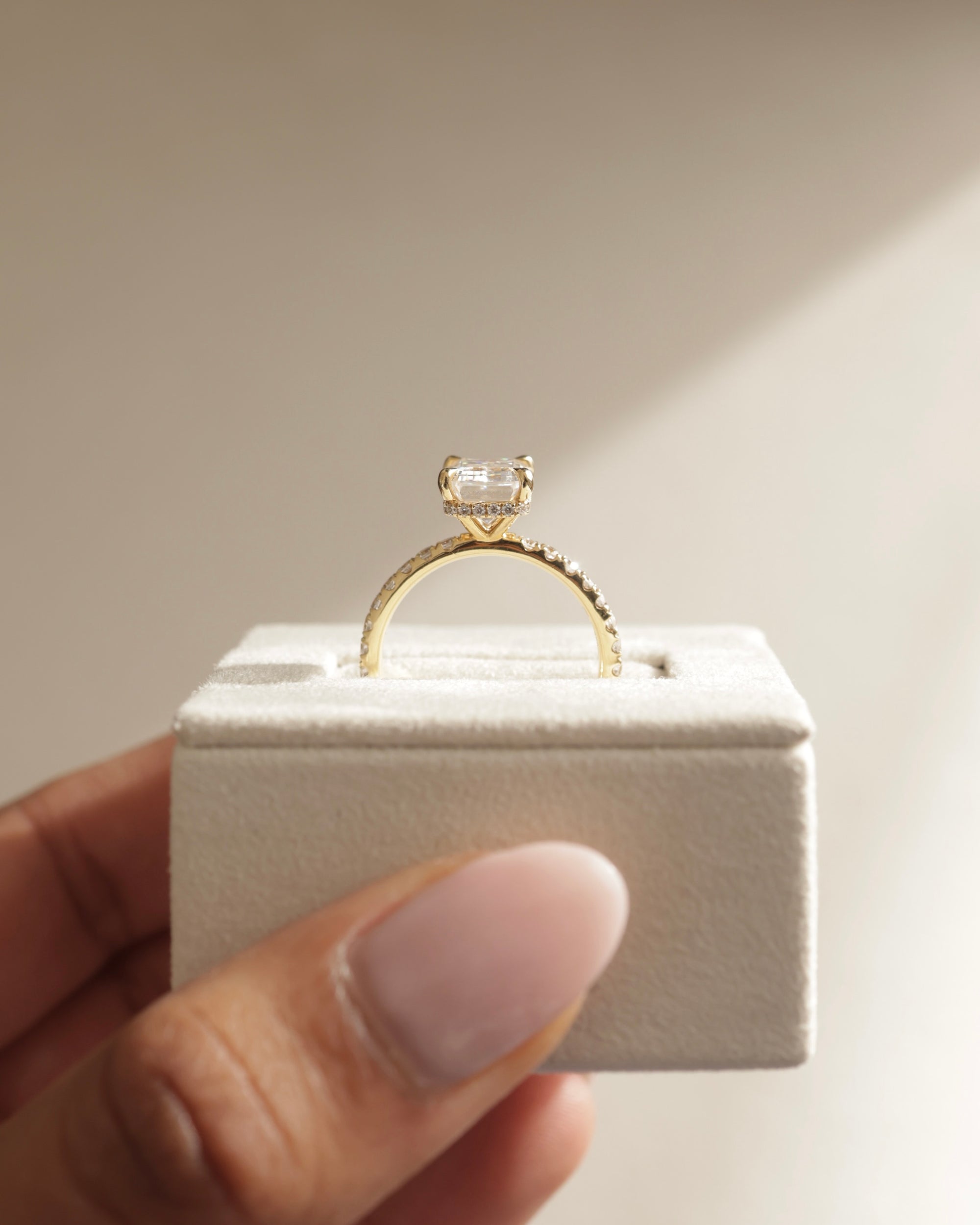 2.50 CT Emerald Cut Moissanite Hidden Halo & Pave Engagement Ring