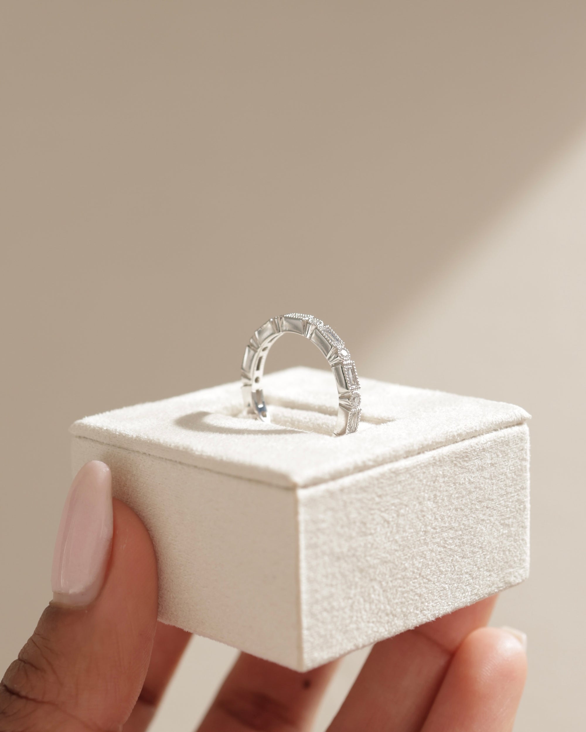 0.40 TCW round and emerald cut moissanite wedding band with vintage-inspired milgrain detailing – elegant gold ring combining classic charm with timeless sparkle.