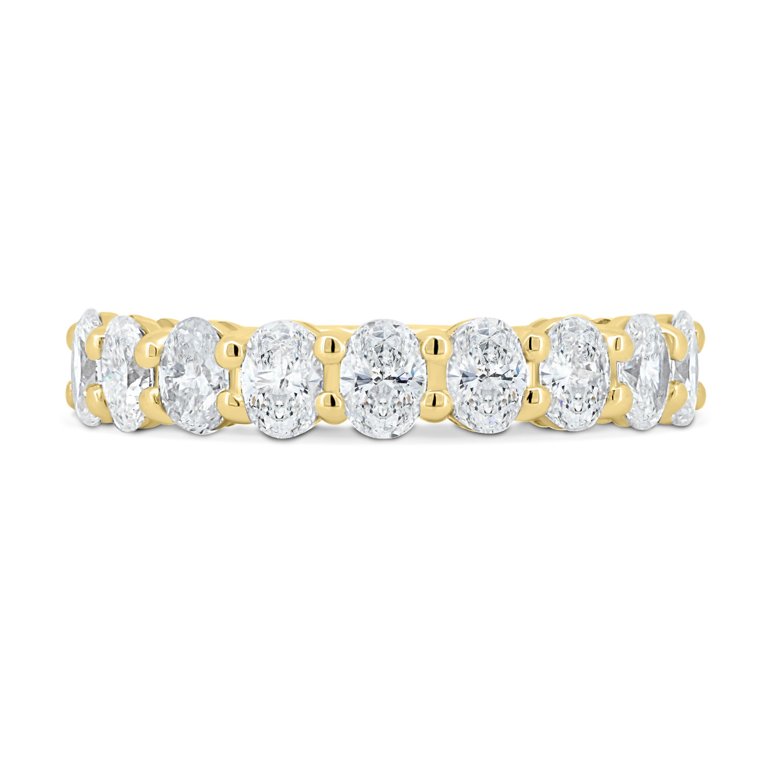 1.35 TCW oval cut moissanite half eternity wedding band – elegant and timeless design crafted in polished gold, perfect for bridal stacking or solo wear.