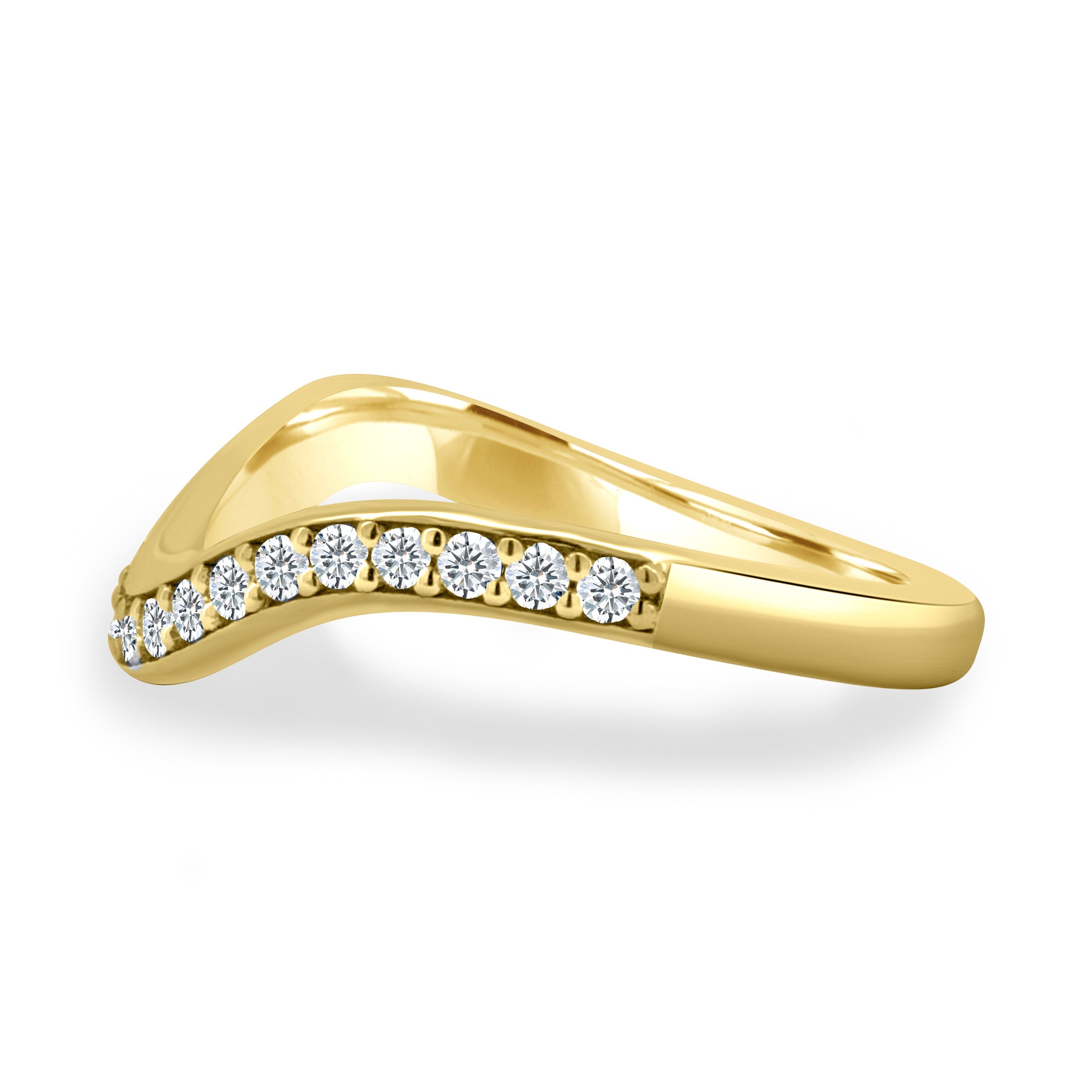 0.26 TCW round moissanite half eternity wedding band in a wavy design – elegant bridal ring in polished gold, perfect for stacking or wearing solo.