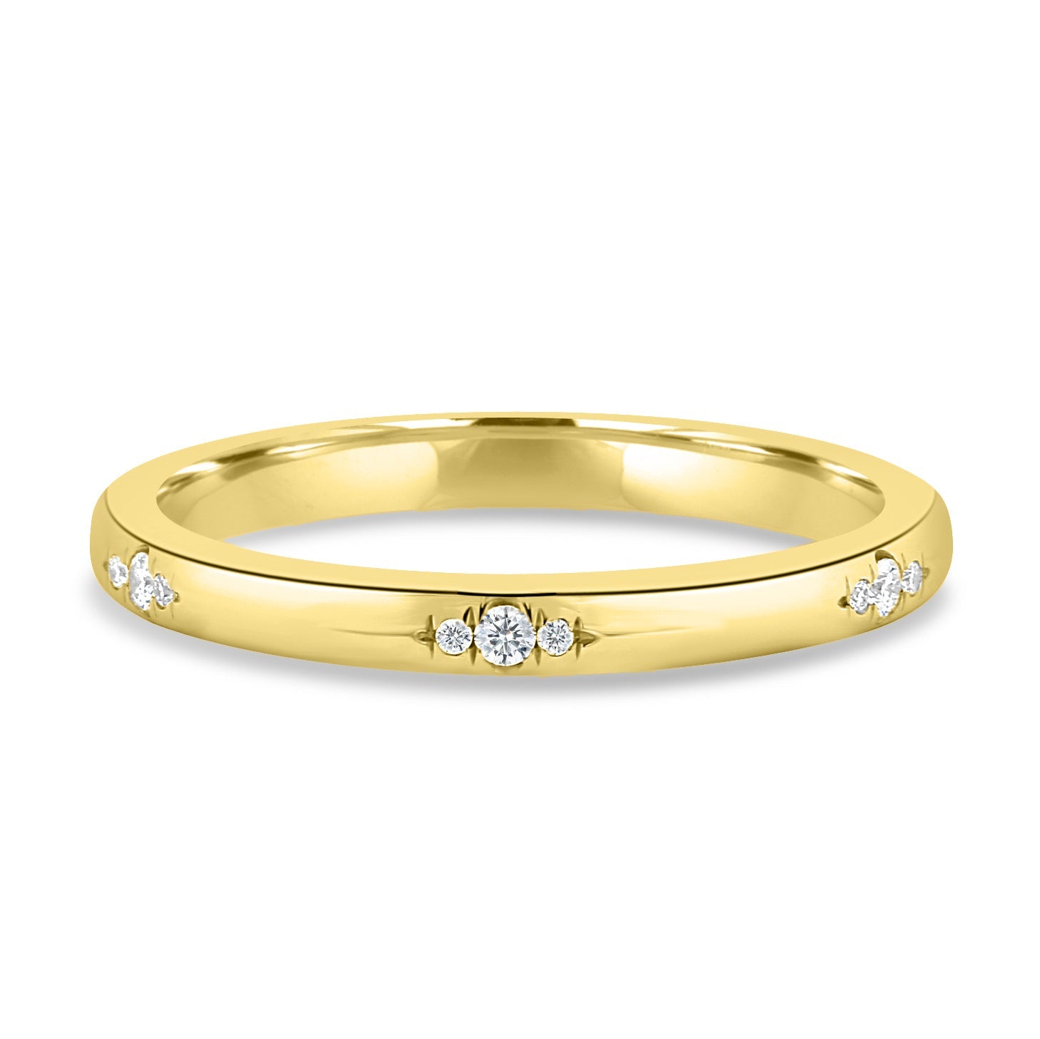 0.10 TCW round cut moissanite flush-set wedding band – sleek and minimalist gold ring with subtle sparkle, ideal for modern bridal or everyday wear.