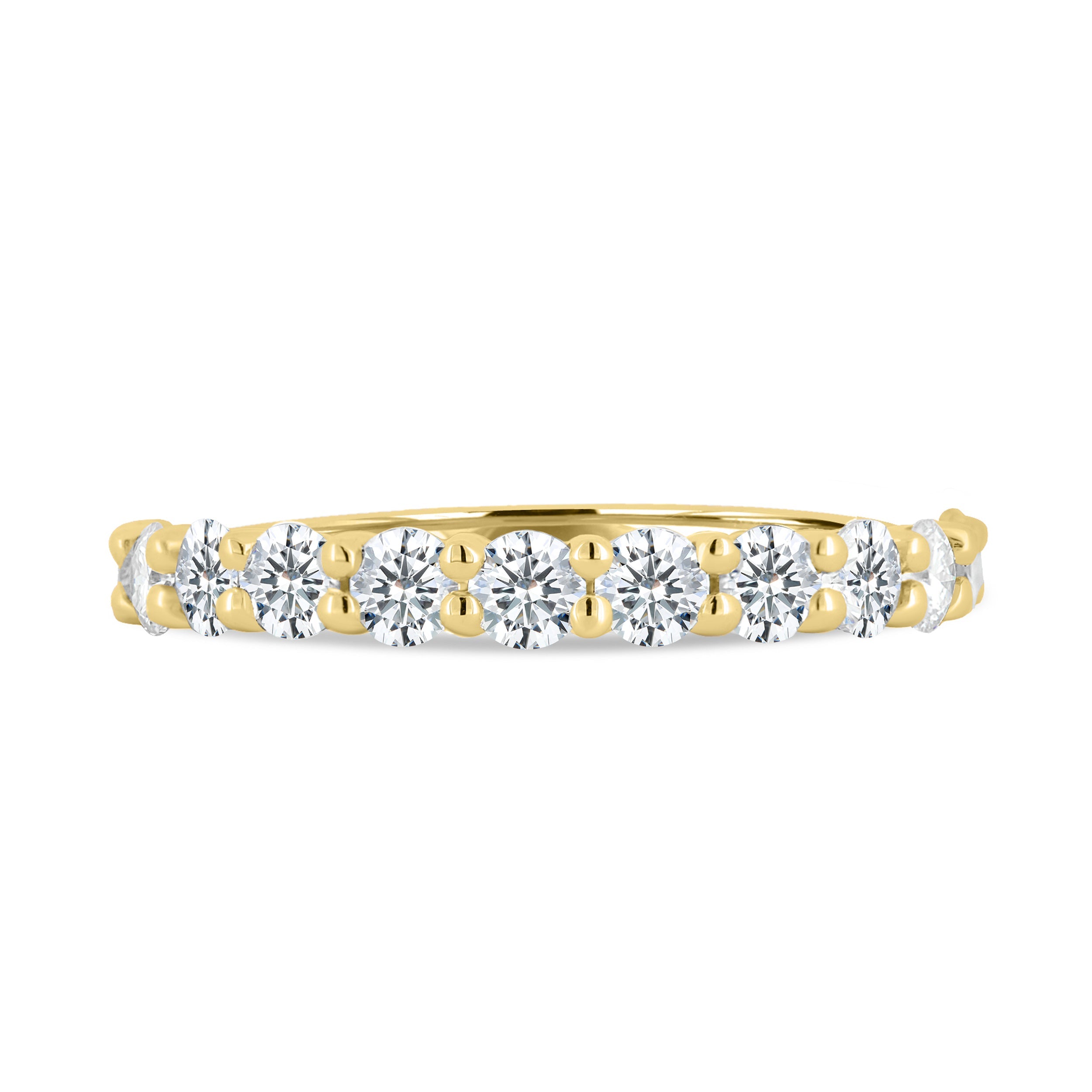 1.00 TCW round cut moissanite half eternity wedding band – classic and sparkling gold band, perfect for bridal wear, stacking, or anniversary gifting.