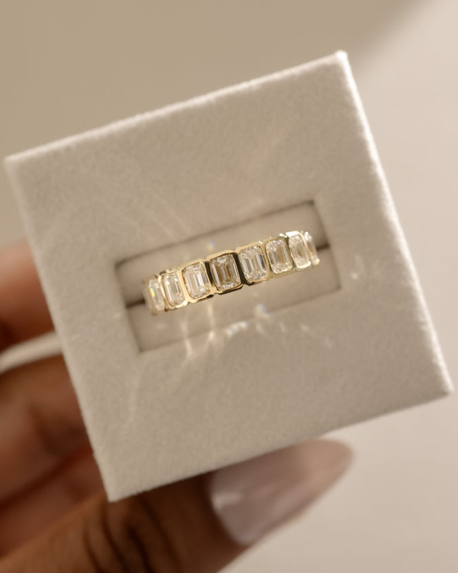 2.25 TCW emerald cut moissanite wedding band with bezel setting β modern and secure gold band featuring step-cut stones, perfect for bold bridal or statement wear.