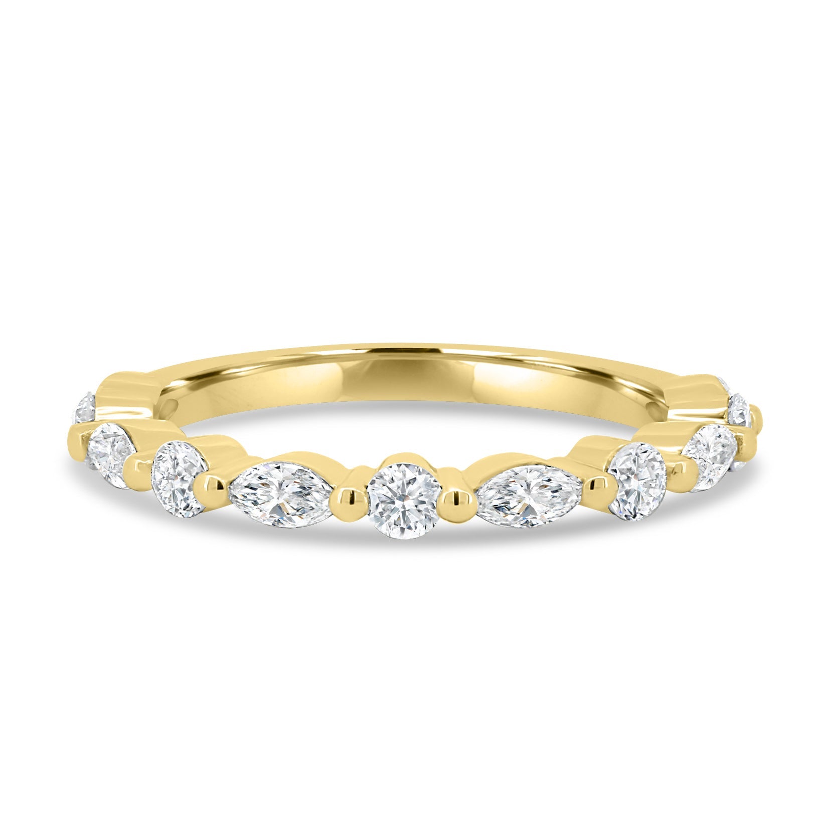 1.15 TCW marquise and round cut moissanite half eternity wedding band – elegant alternating design in polished gold, perfect for bridal stacking or standalone sparkle.