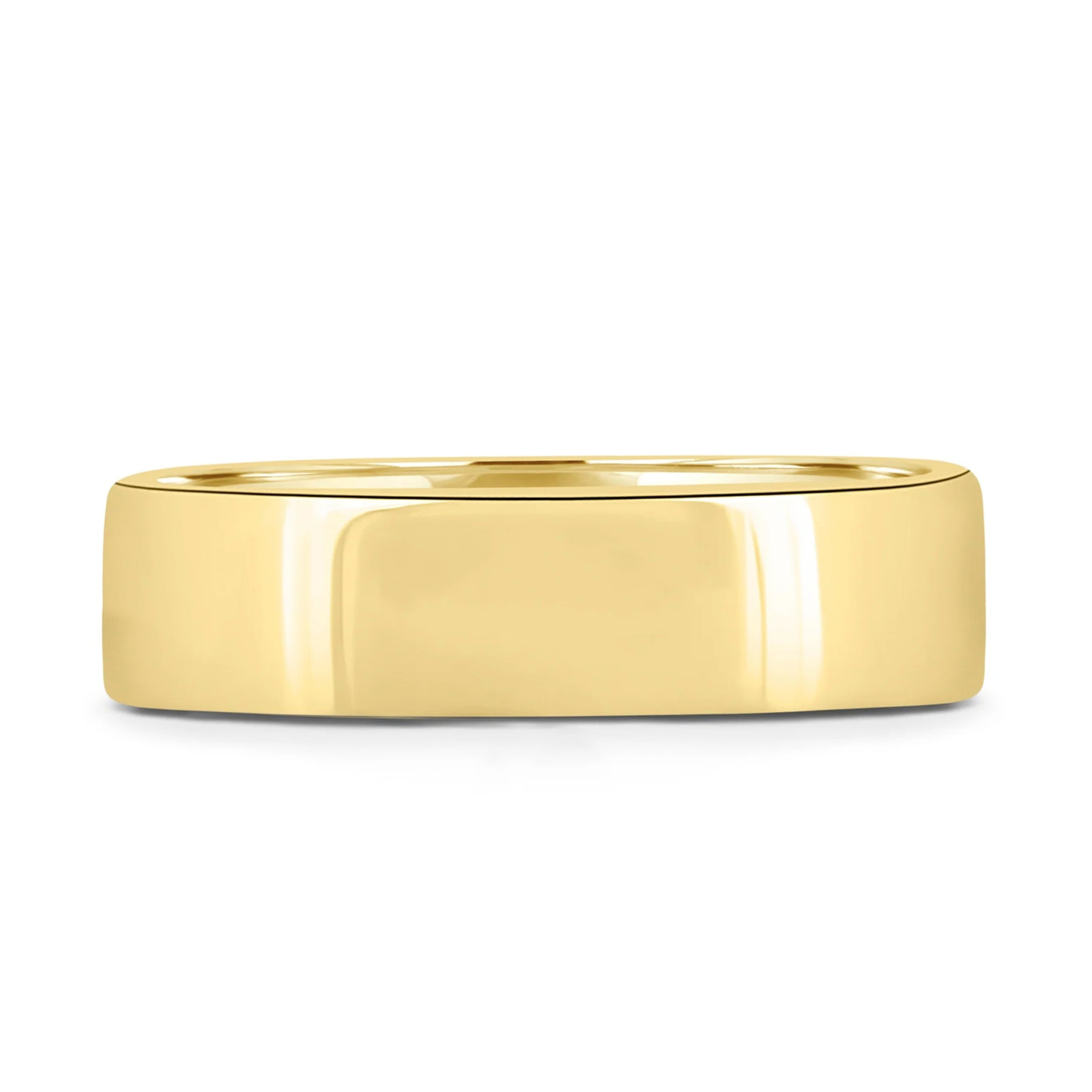 Bold plain cigar-style wedding band with a wide, smooth polished finish – modern unisex gold ring perfect for statement bridal or everyday wear.