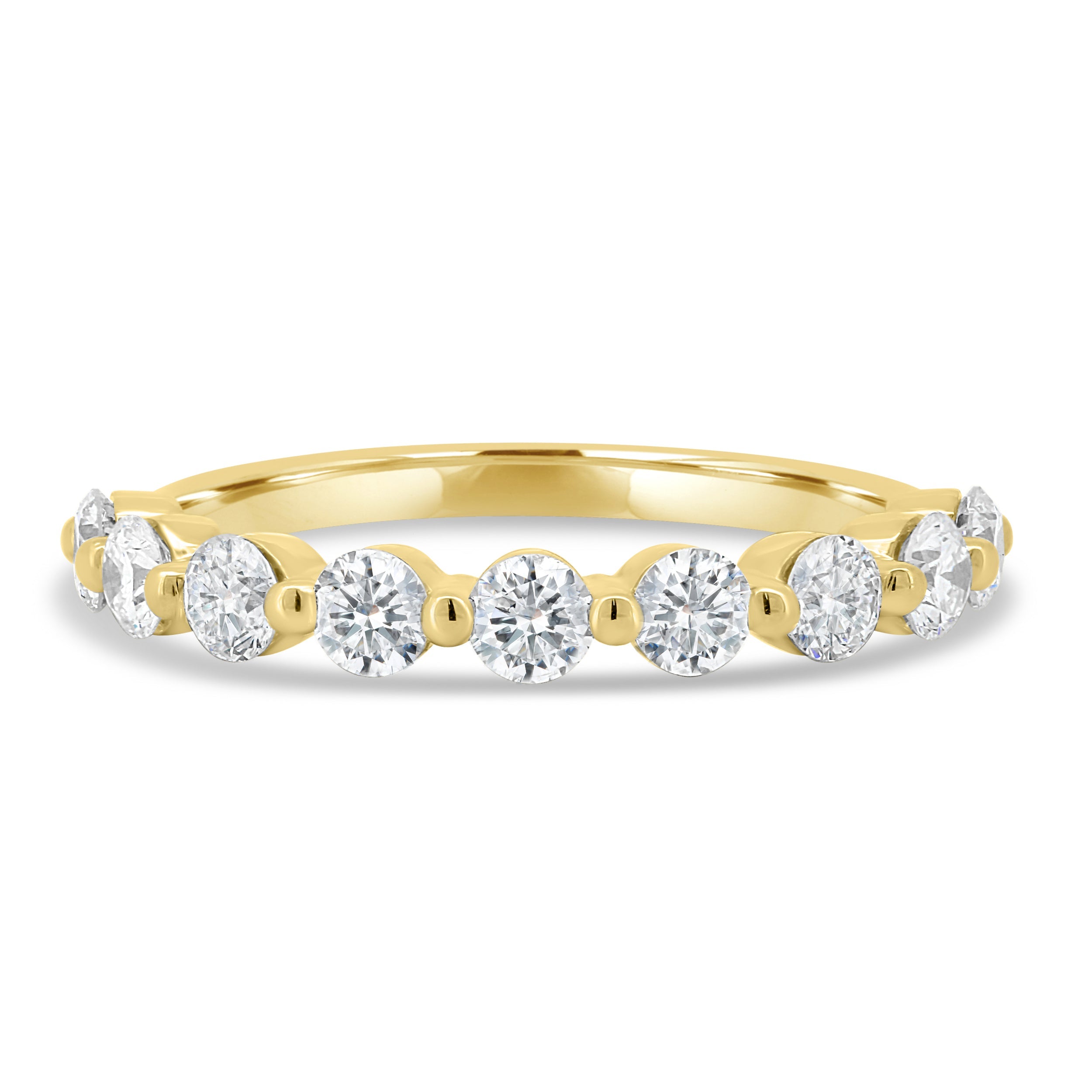 0.41 TCW round cut moissanite half eternity wedding band – classic and delicate gold band with sparkling stones, perfect for bridal stacking or everyday elegance.
