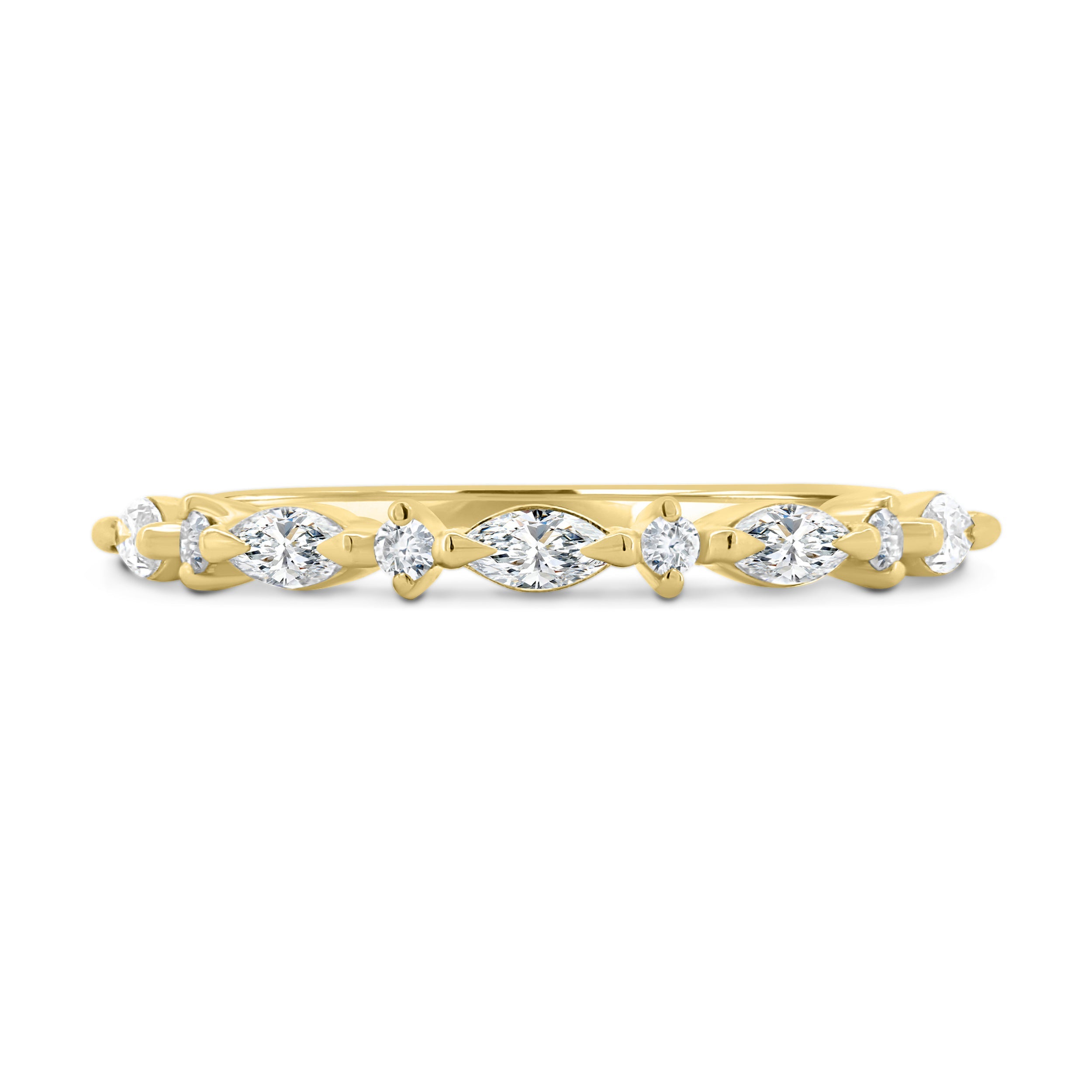 0.41 TCW marquise and round cut moissanite half eternity wedding band – elegant alternating design in polished gold, perfect for stacking or bridal wear.