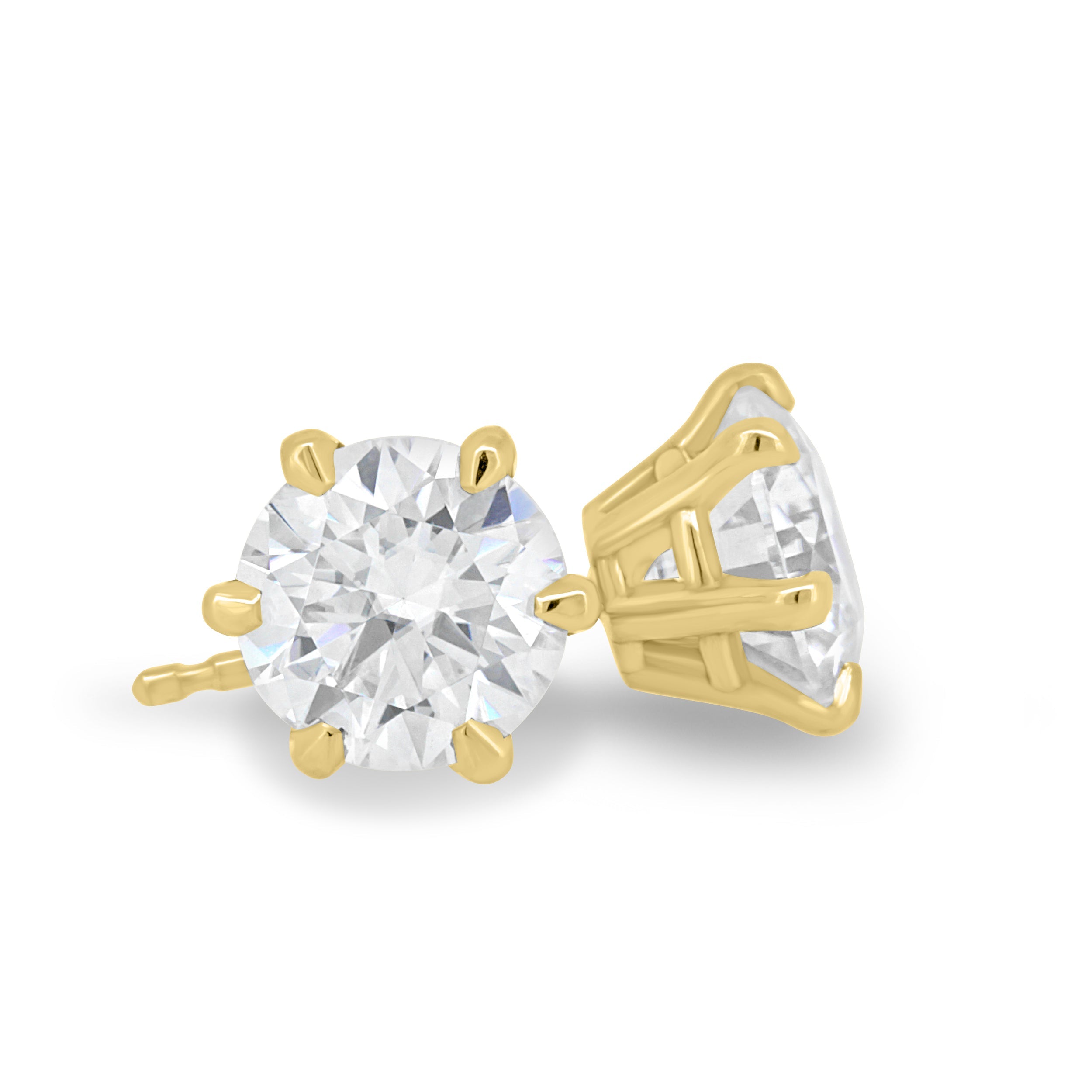 2.00 TCW round cut moissanite stud earrings – timeless and brilliant gold studs, ideal for classic bridal looks or everyday elegance.