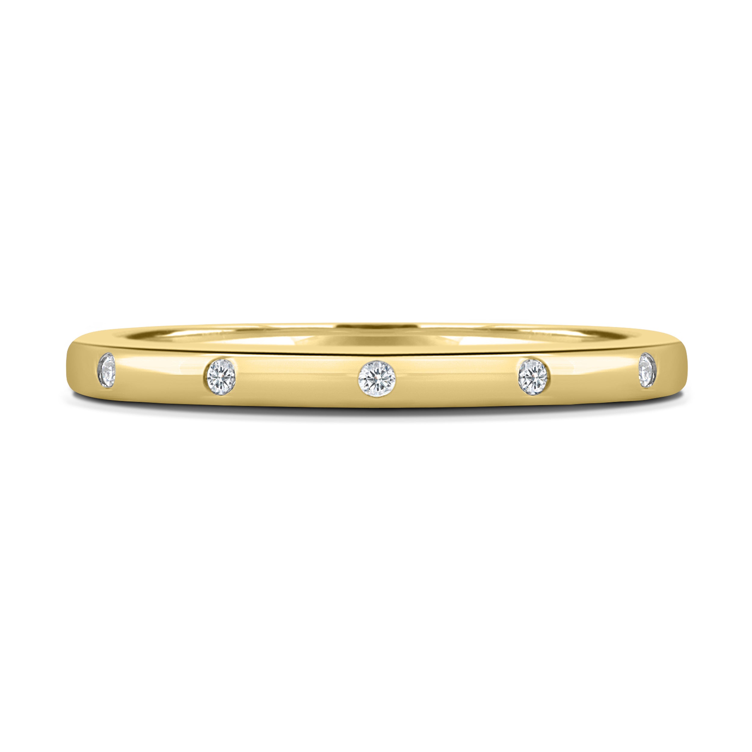 0.18 TCW round cut moissanite flush style wedding band – sleek and modern gold band with inset stones, perfect for a minimalist bridal or stacking look.