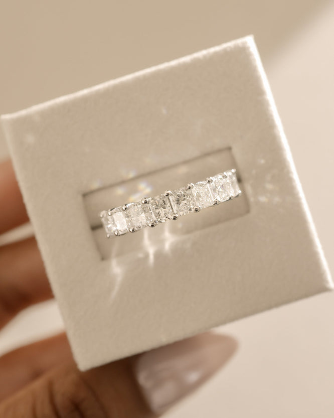 2.50 TCW radiant cut moissanite half eternity wedding band β luxurious gold band featuring brilliant step-cut stones, perfect for glamorous bridal or stacking wear.