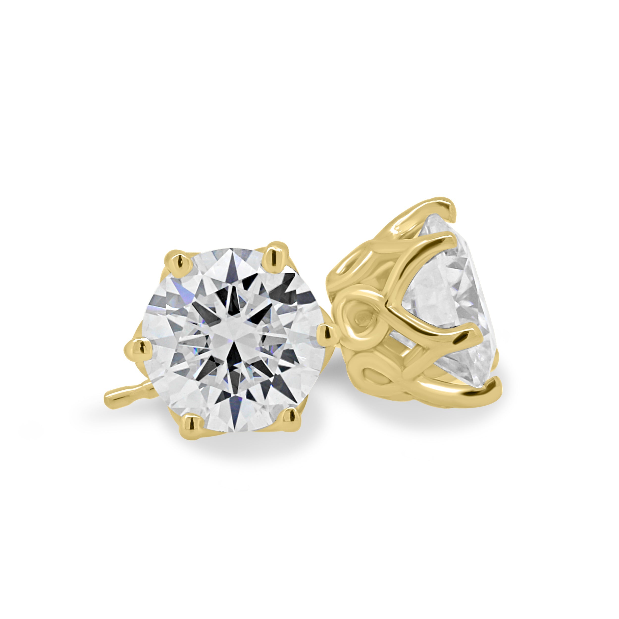 2.00 CT round cut moissanite earrings in a six-prong setting – timeless gold studs with enhanced brilliance and secure fit, perfect for bridal or everyday elegance.