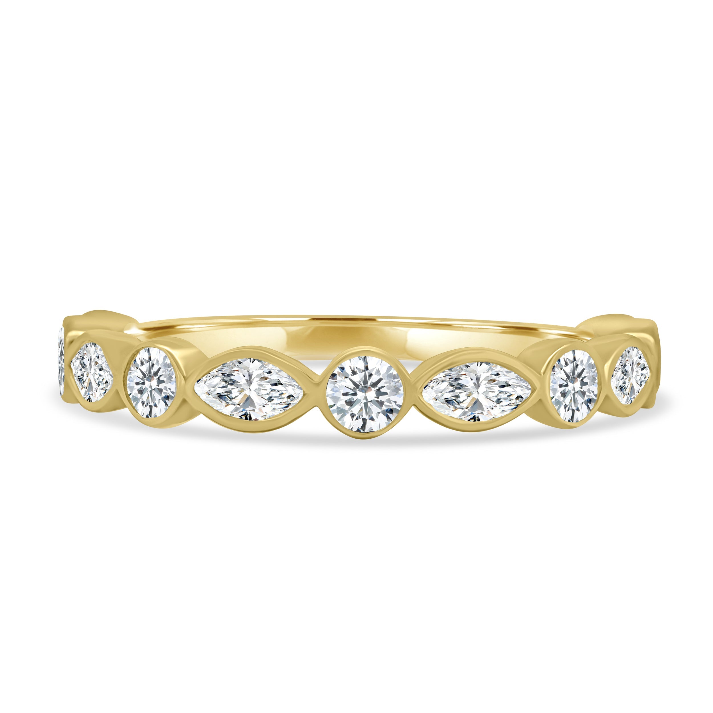 1.15 TCW round and marquise cut moissanite wedding band with bezel setting – modern gold ring featuring alternating shapes for a unique and elegant bridal look.