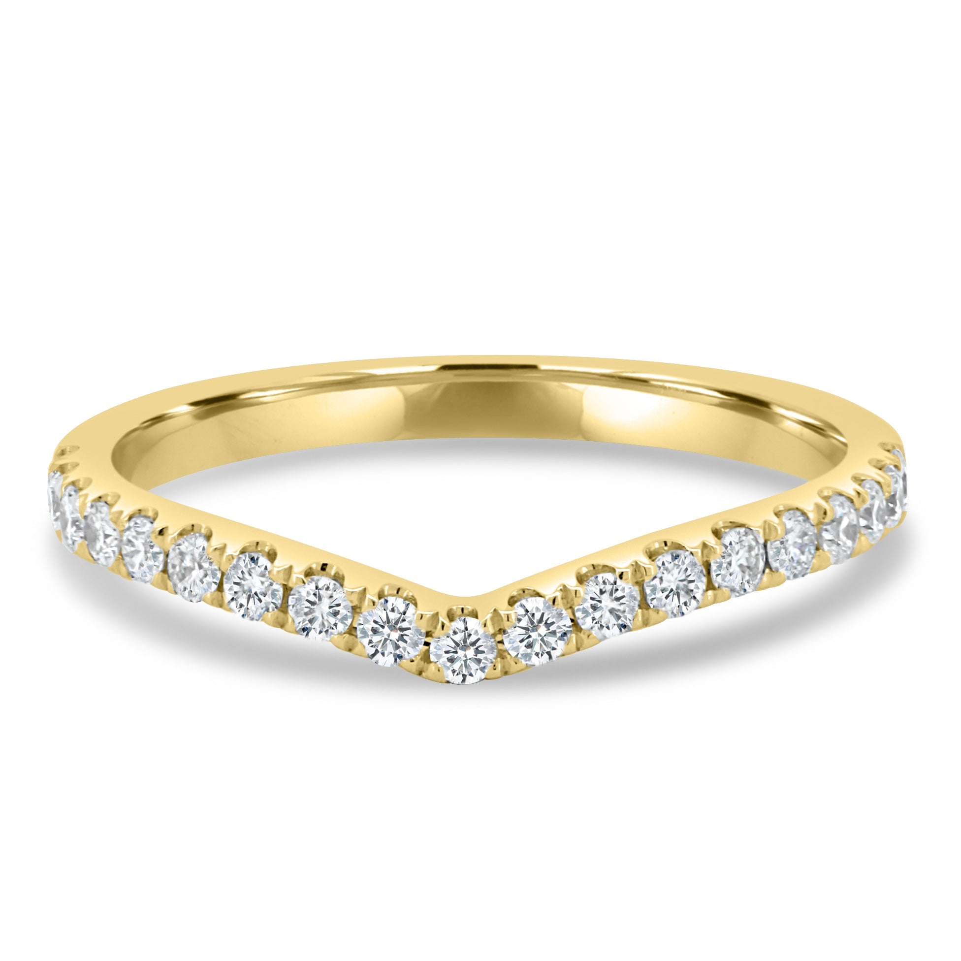 0.25 TCW round cut moissanite curved wedding band – delicate contour design crafted in polished gold, perfect for stacking with engagement rings.