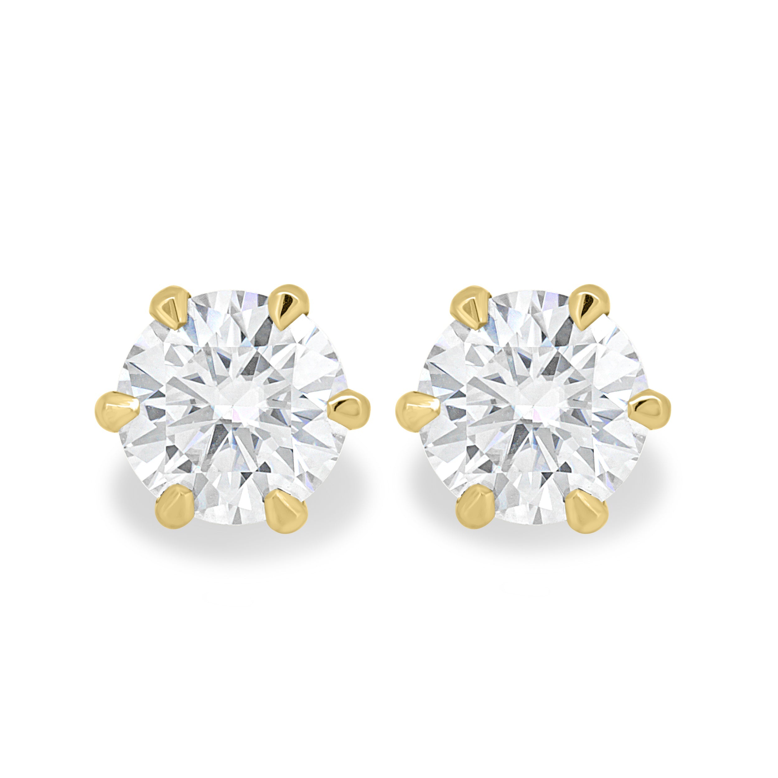 2.00 TCW round cut moissanite stud earrings – timeless and brilliant gold studs, ideal for classic bridal looks or everyday elegance.