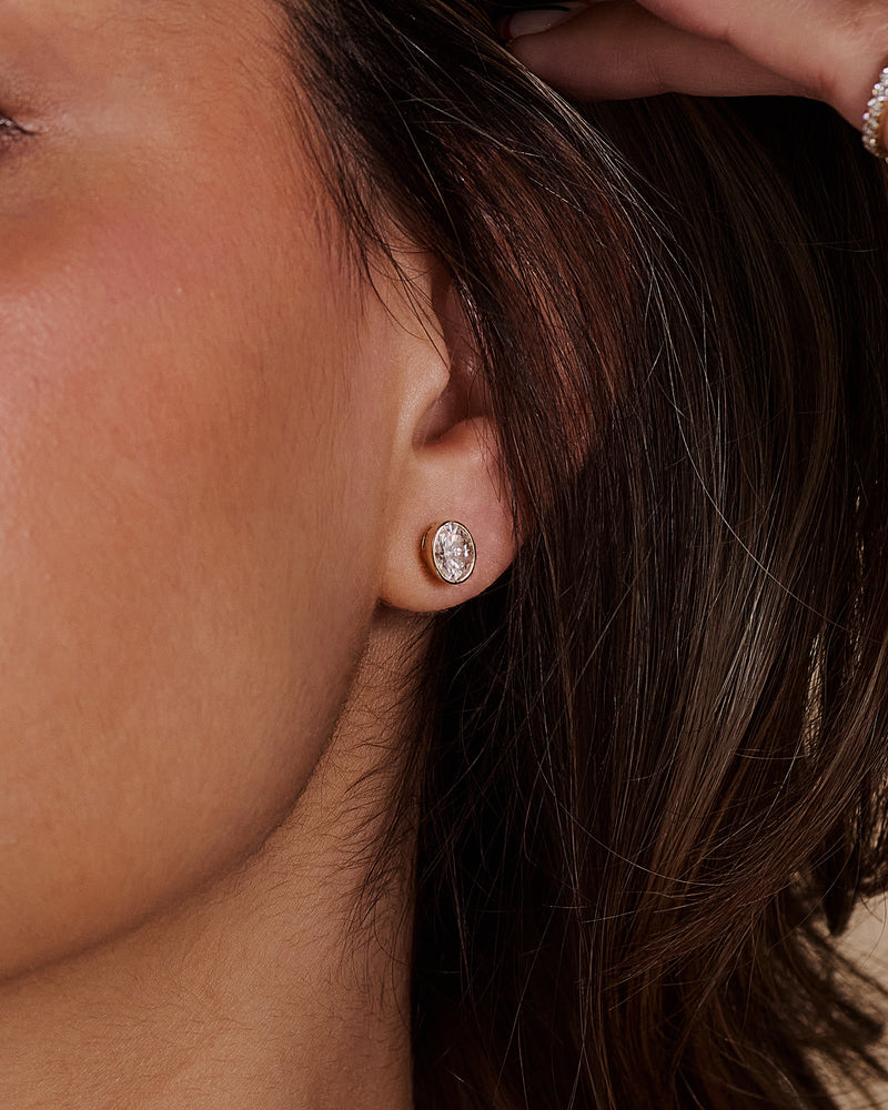 1.00 CT oval cut moissanite bezel set earrings β sleek and elegant gold studs with a modern, secure setting, perfect for everyday wear or special occasions.