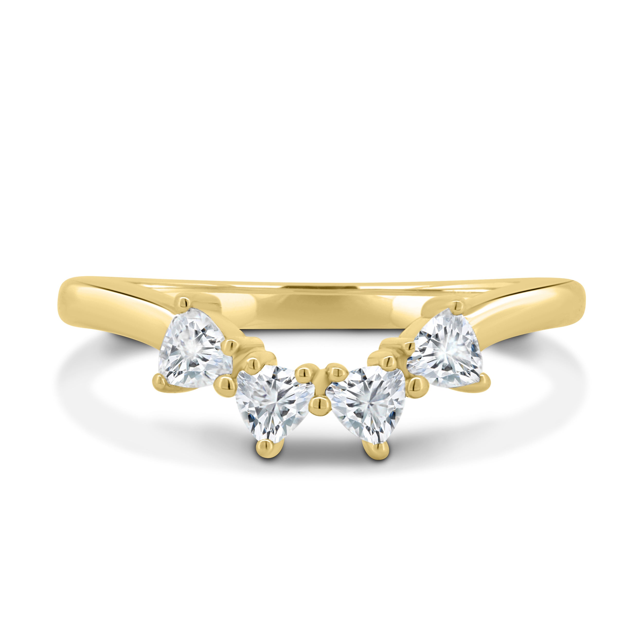 0.48 TCW trillion cut moissanite curved wedding band – unique and modern contour design in polished gold, perfect for stacking with engagement rings or wearing solo.