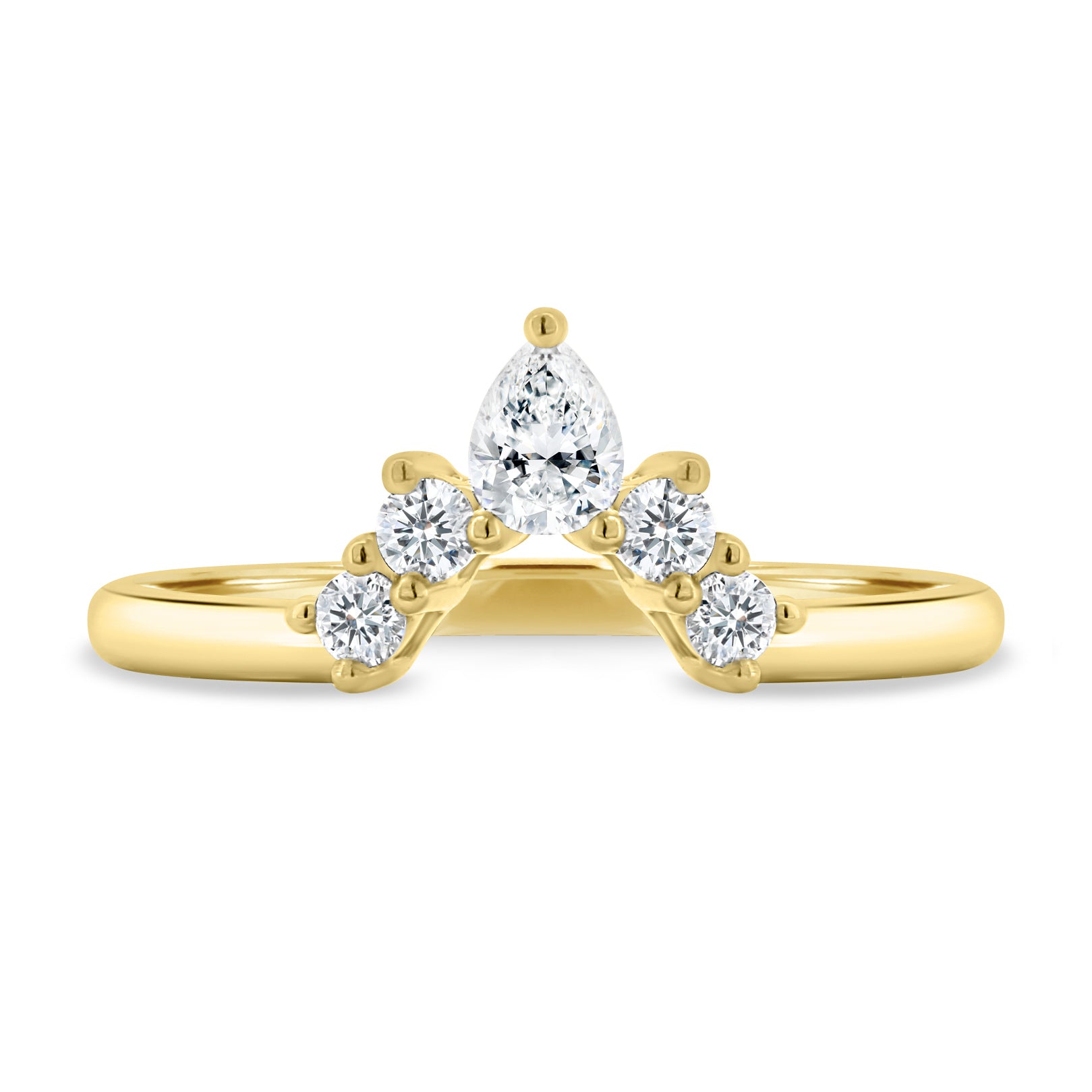 0.37 TCW moissanite bridal wedding band featuring round and pear cut stones in a crown-inspired design – elegant, sparkling ring crafted in polished gold.