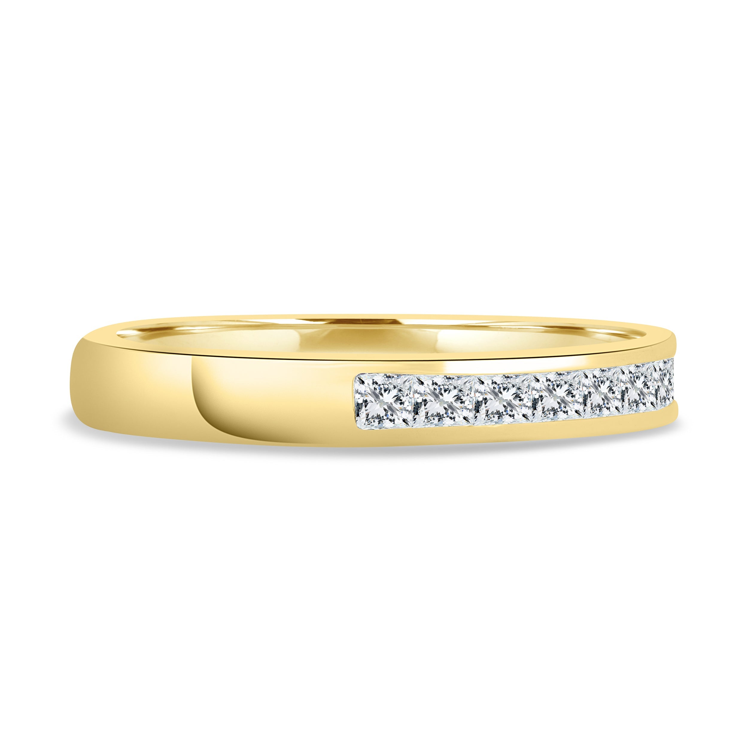 0.60 TCW princess cut moissanite wedding band in a sleek channel setting – modern and elegant gold ring, perfect for timeless bridal wear or stacking.