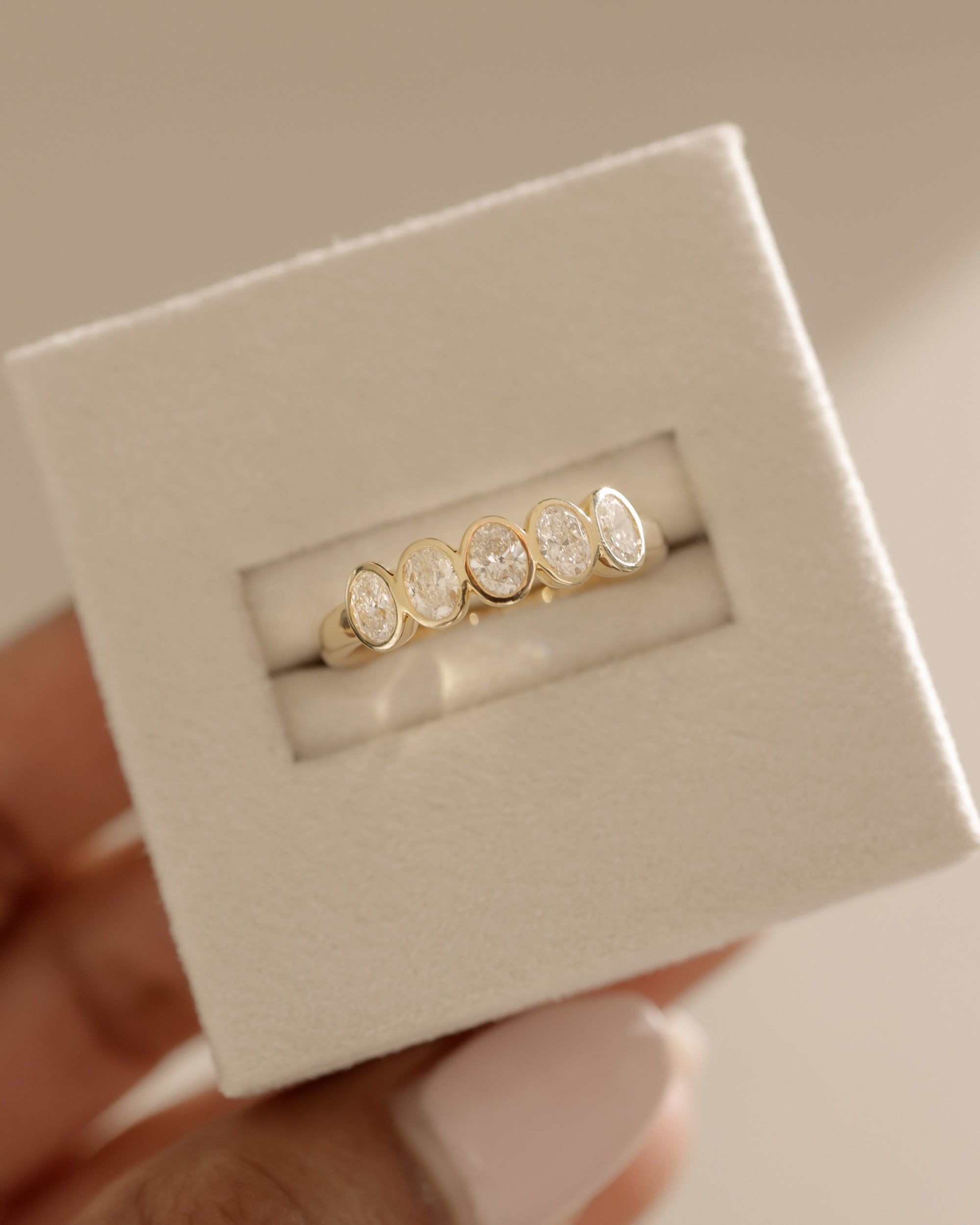 0.75 TCW oval cut moissanite wedding band with bezel setting – elegant and modern gold band offering secure sparkle, perfect for everyday elegance or bridal stacking.