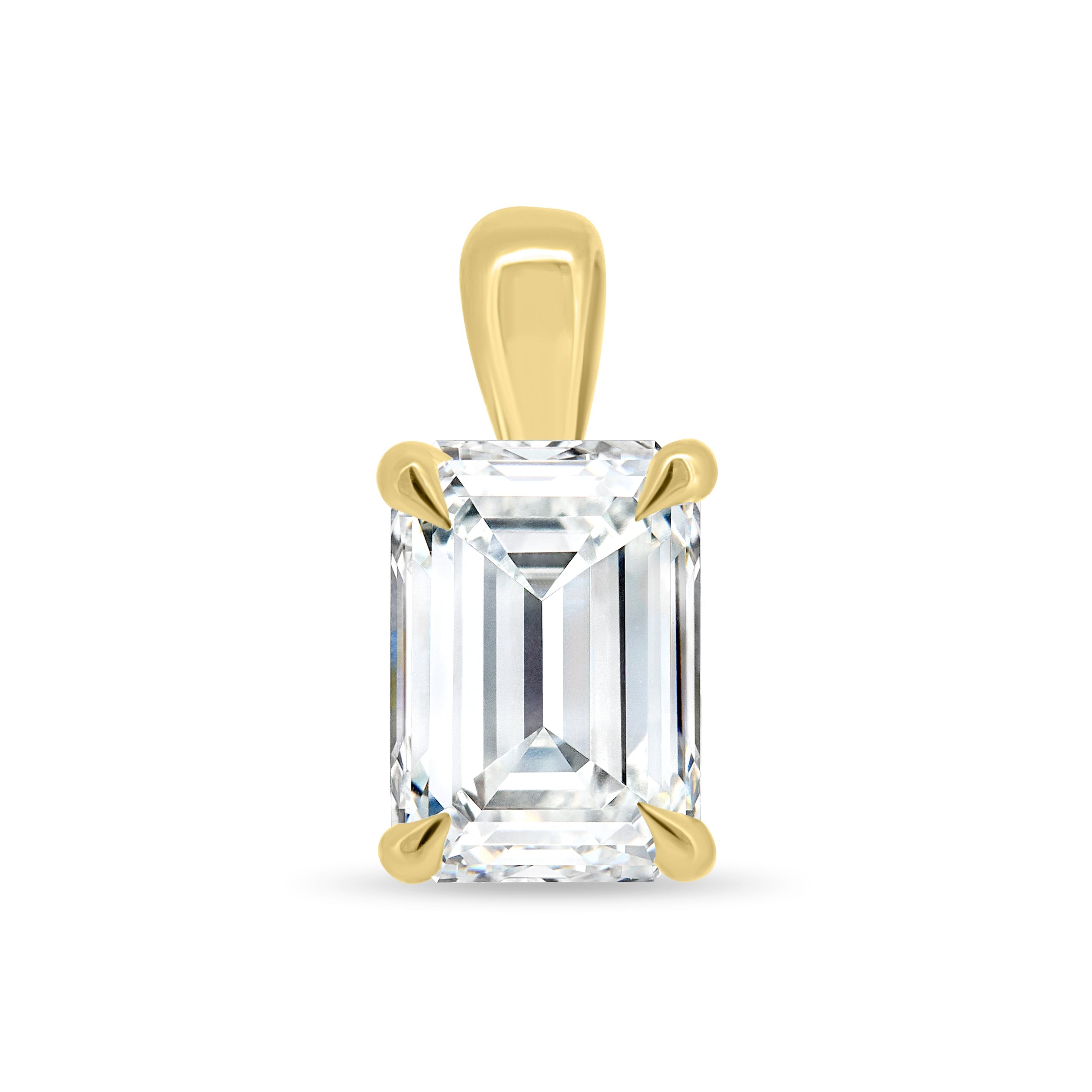 2.0 CT emerald cut moissanite pendant necklace – sophisticated solitaire design in polished gold, ideal for elegant bridal looks, gifting, or timeless everyday wear.