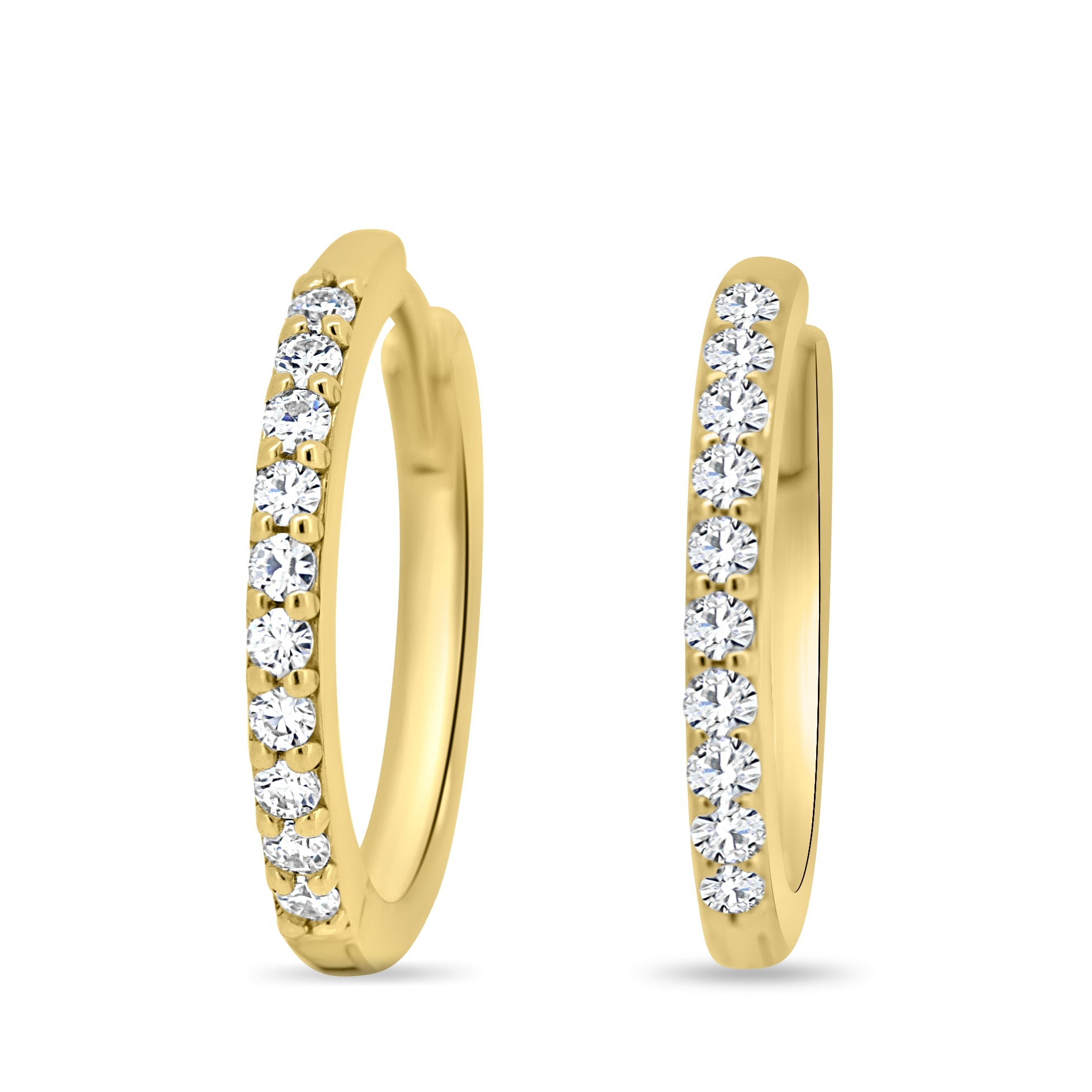 0.30 TCW round cut moissanite huggie hoop earrings – delicate and sparkling gold mini hoops, perfect for everyday elegance or bridal layering.