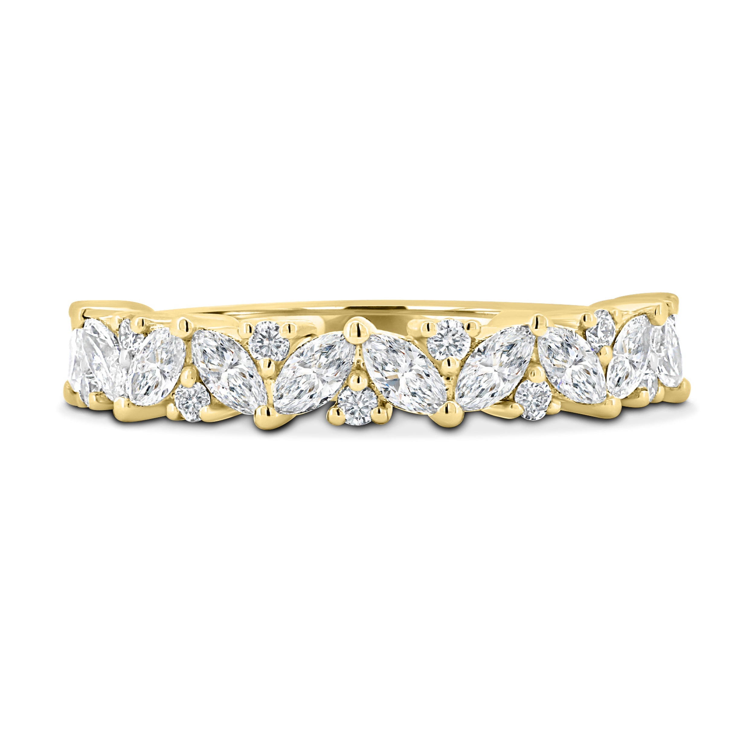 1.57 TCW marquise and round cut moissanite half eternity wedding band – luxurious alternating design set in polished gold, perfect for bold bridal stacking or standalone wear.