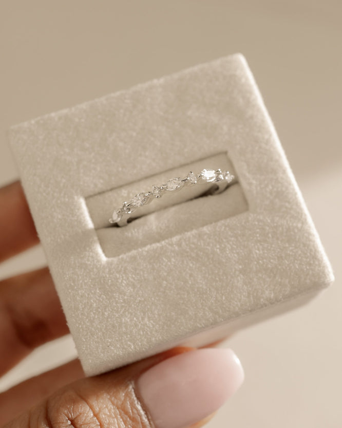0.41 TCW marquise and round cut moissanite half eternity wedding band β elegant alternating design in polished gold, perfect for stacking or bridal wear.