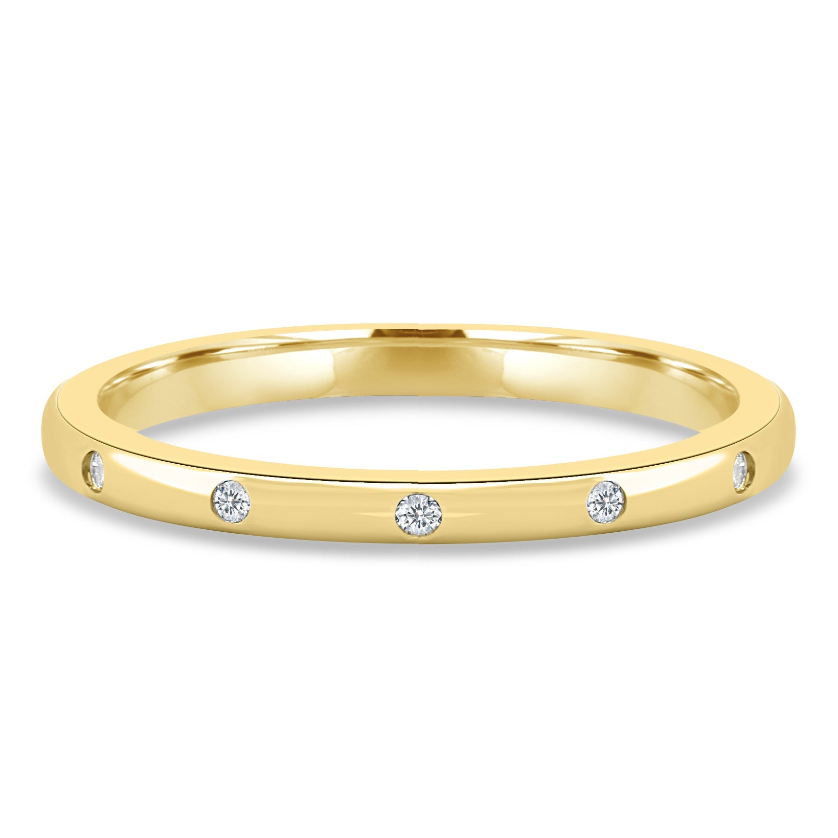 0.18 TCW round cut moissanite flush style wedding band – sleek and modern gold band with inset stones, perfect for a minimalist bridal or stacking look.