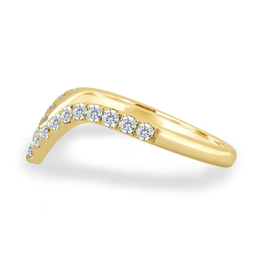 0.38 TCW round cut moissanite V-shaped curved wedding band β elegant bridal ring designed to pair perfectly with engagement rings, crafted in polished gold.