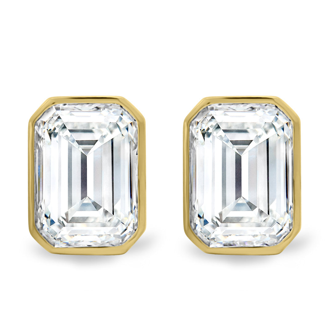 2.00 TCW emerald cut moissanite bezel set earrings – sleek and sophisticated gold studs featuring step-cut stones, perfect for modern bridal or everyday luxury.