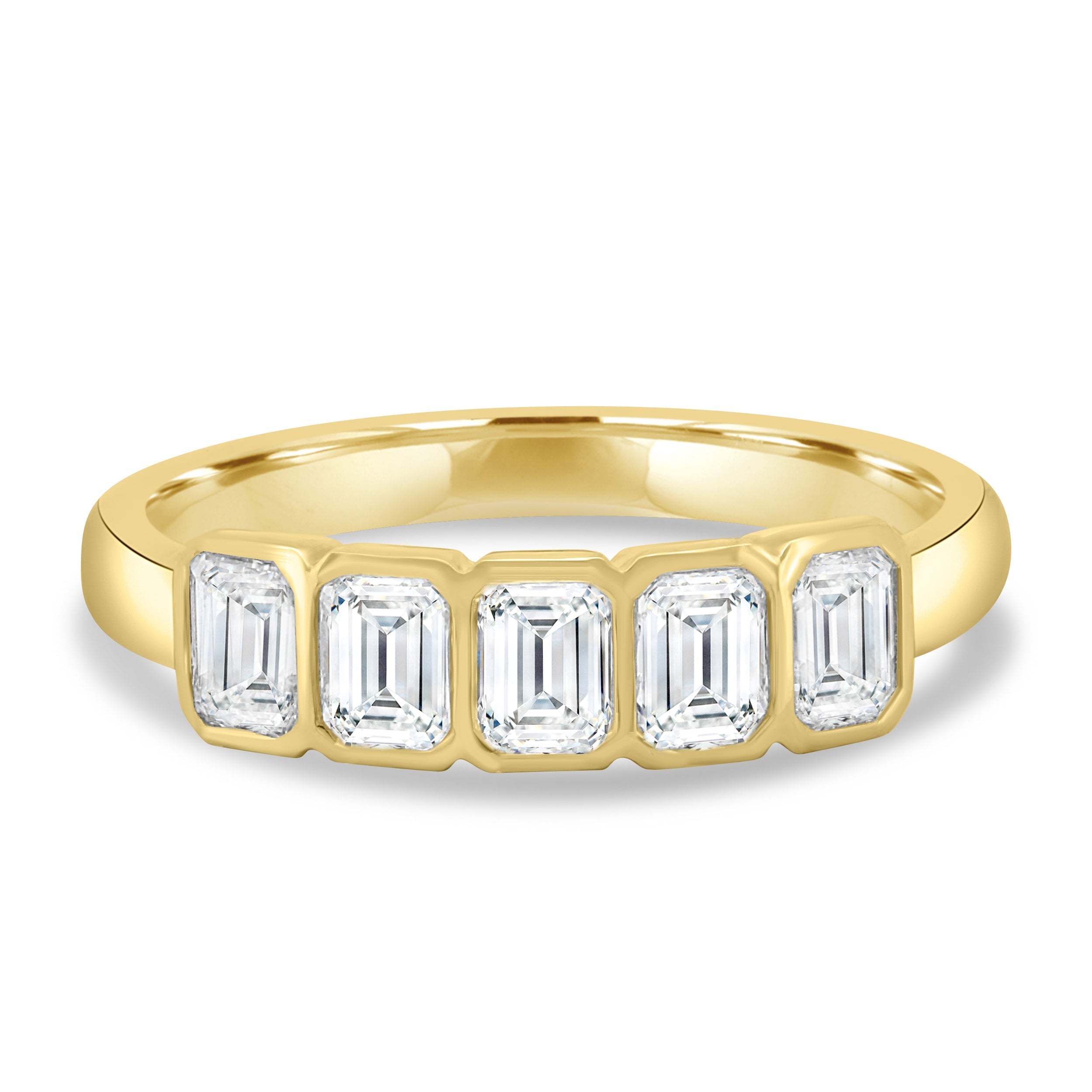 2.25 TCW emerald cut moissanite wedding band with bezel setting – modern and secure gold band featuring step-cut stones, perfect for bold bridal or statement wear.