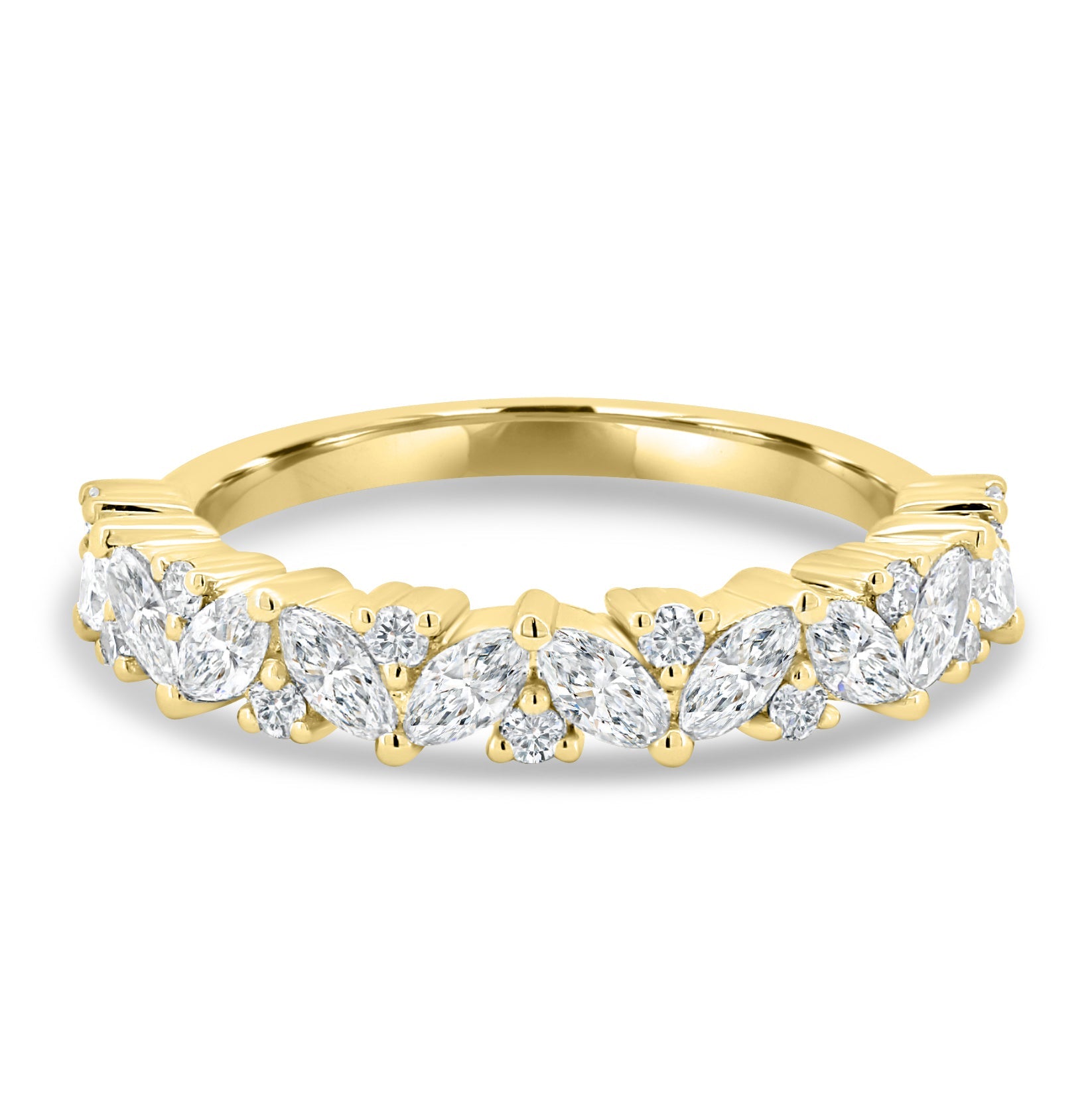 1.57 TCW marquise and round cut moissanite half eternity wedding band – luxurious alternating design set in polished gold, perfect for bold bridal stacking or standalone wear.