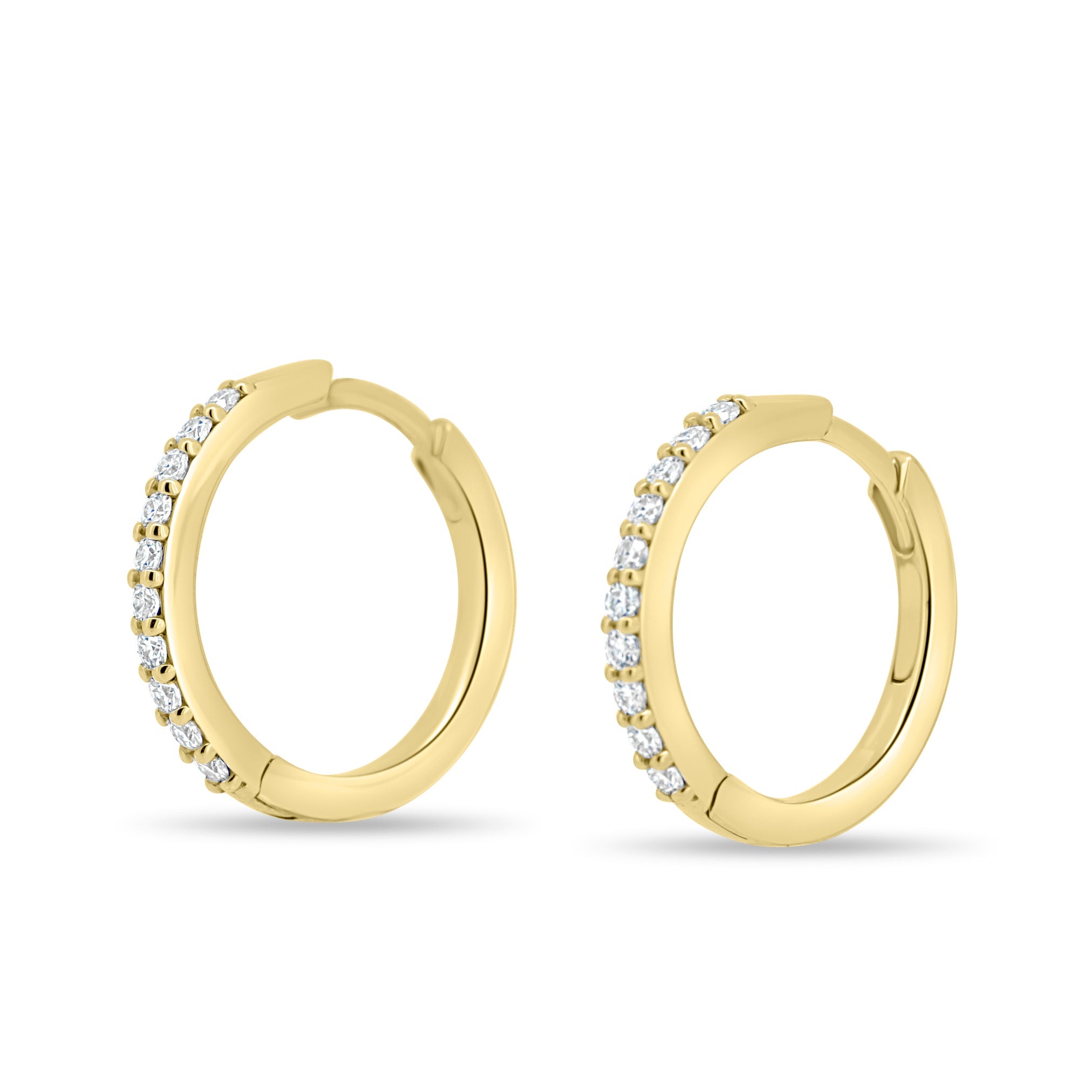0.30 TCW round cut moissanite huggie hoop earrings – delicate and sparkling gold mini hoops, perfect for everyday elegance or bridal layering.