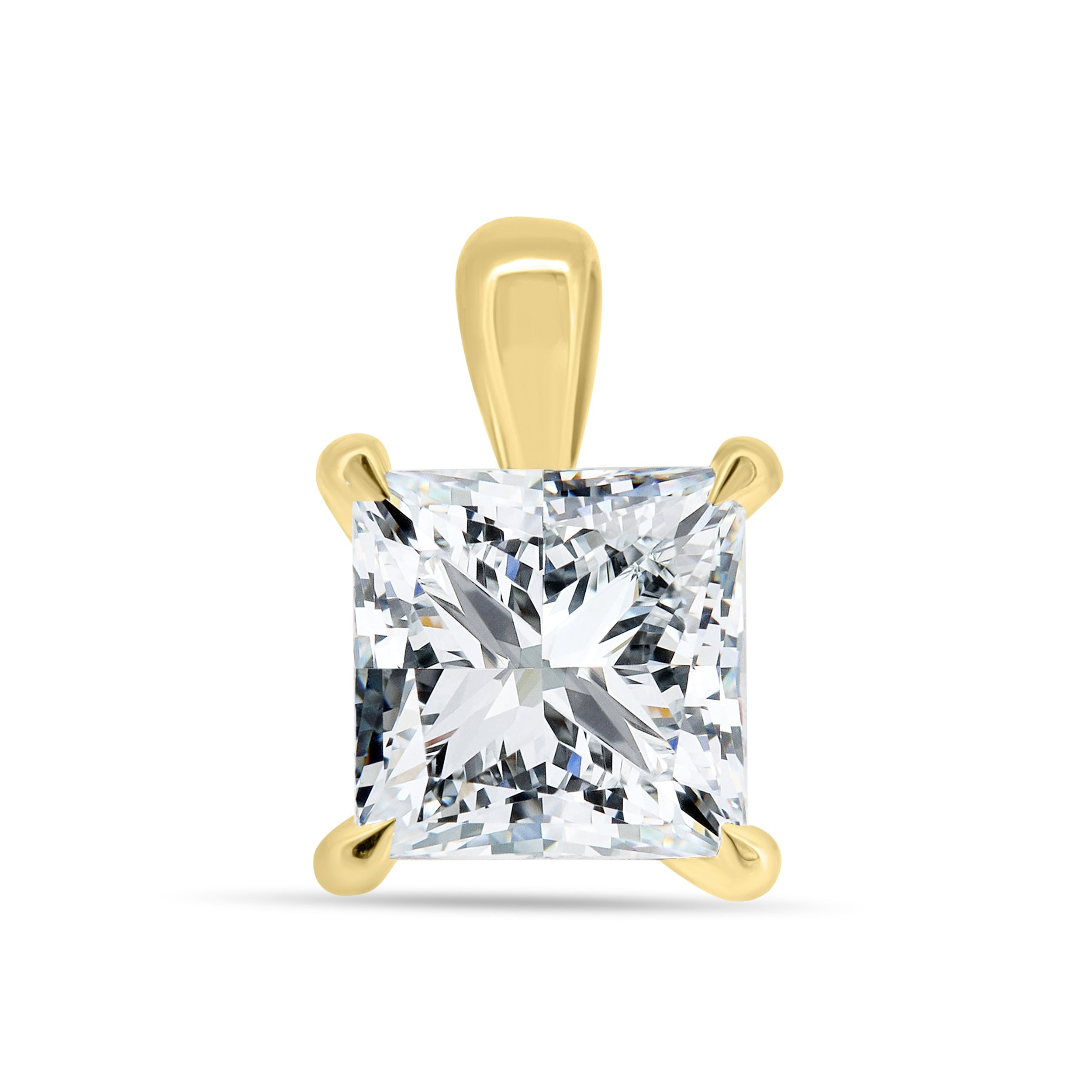 2.0 CT princess cut moissanite pendant necklace – modern and radiant solitaire design in polished gold, perfect for bridal elegance, gifting, or everyday luxury.