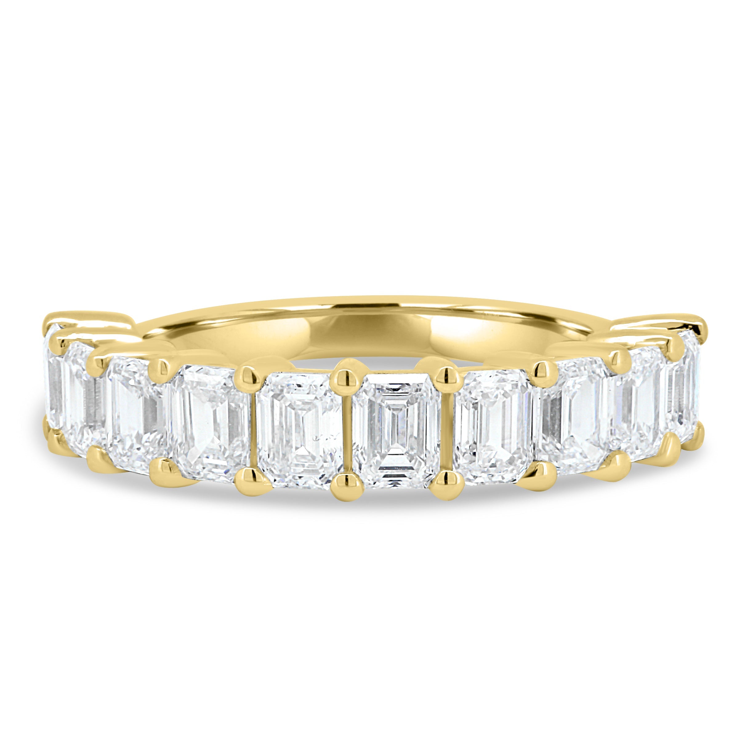 2.50 TCW emerald cut moissanite half eternity wedding band – bold and sophisticated gold ring with step-cut brilliance, perfect for statement bridal or stacking wear.