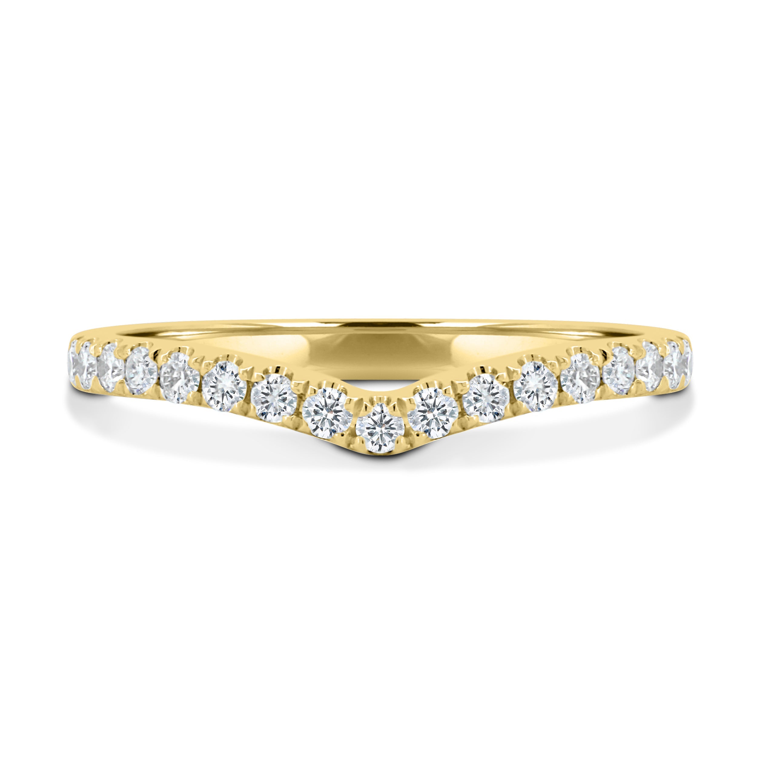 0.25 TCW round cut moissanite curved wedding band – delicate contour design crafted in polished gold, perfect for stacking with engagement rings.