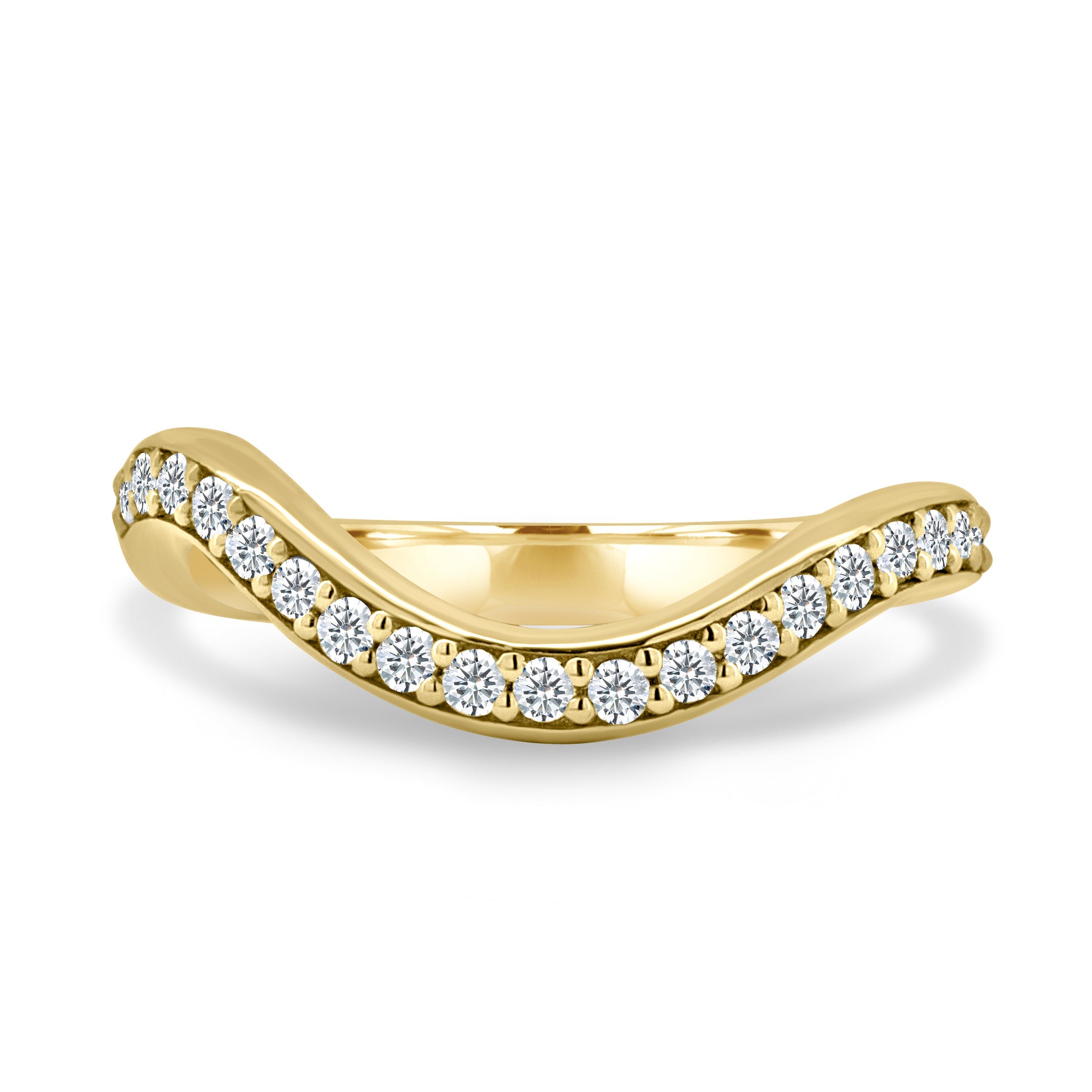 0.26 TCW round moissanite half eternity wedding band in a wavy design – elegant bridal ring in polished gold, perfect for stacking or wearing solo.