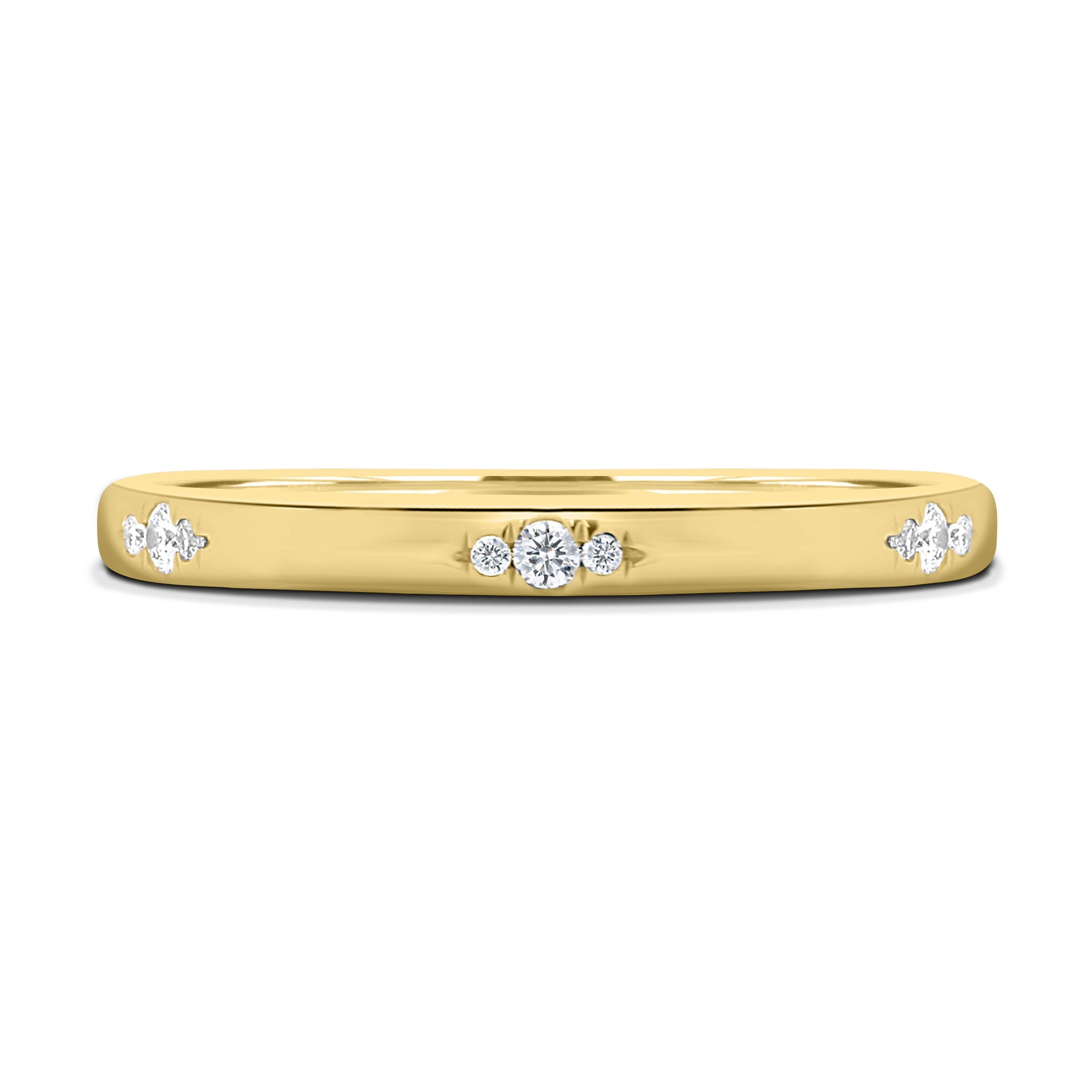 0.10 TCW round cut moissanite flush-set wedding band – sleek and minimalist gold ring with subtle sparkle, ideal for modern bridal or everyday wear.