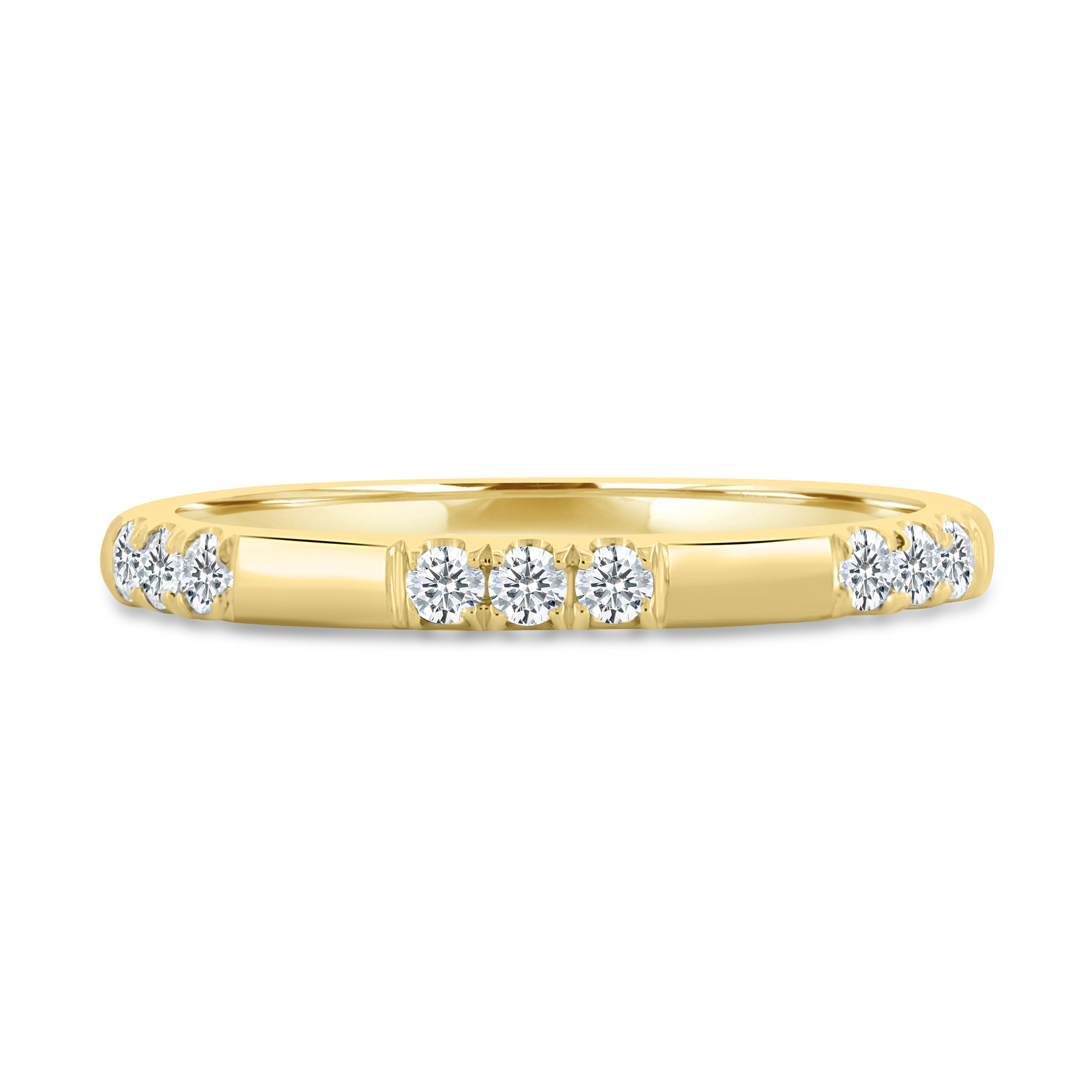 0.31 TCW round cut moissanite wedding band in a clustered pavé setting – delicate and sparkling gold band, perfect for bridal stacking or everyday elegance.