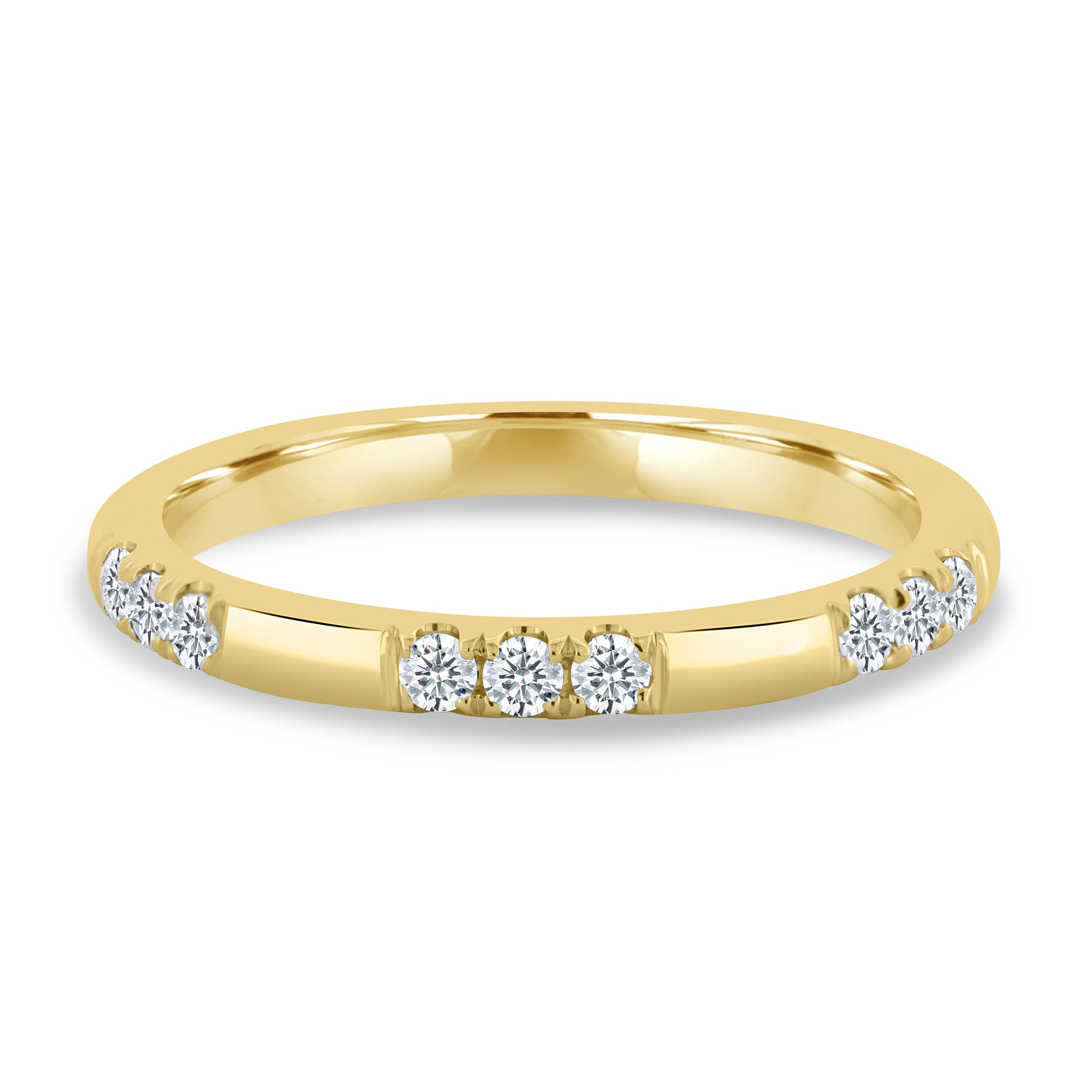 0.31 TCW round cut moissanite wedding band in a clustered pavé setting – delicate and sparkling gold band, perfect for bridal stacking or everyday elegance.