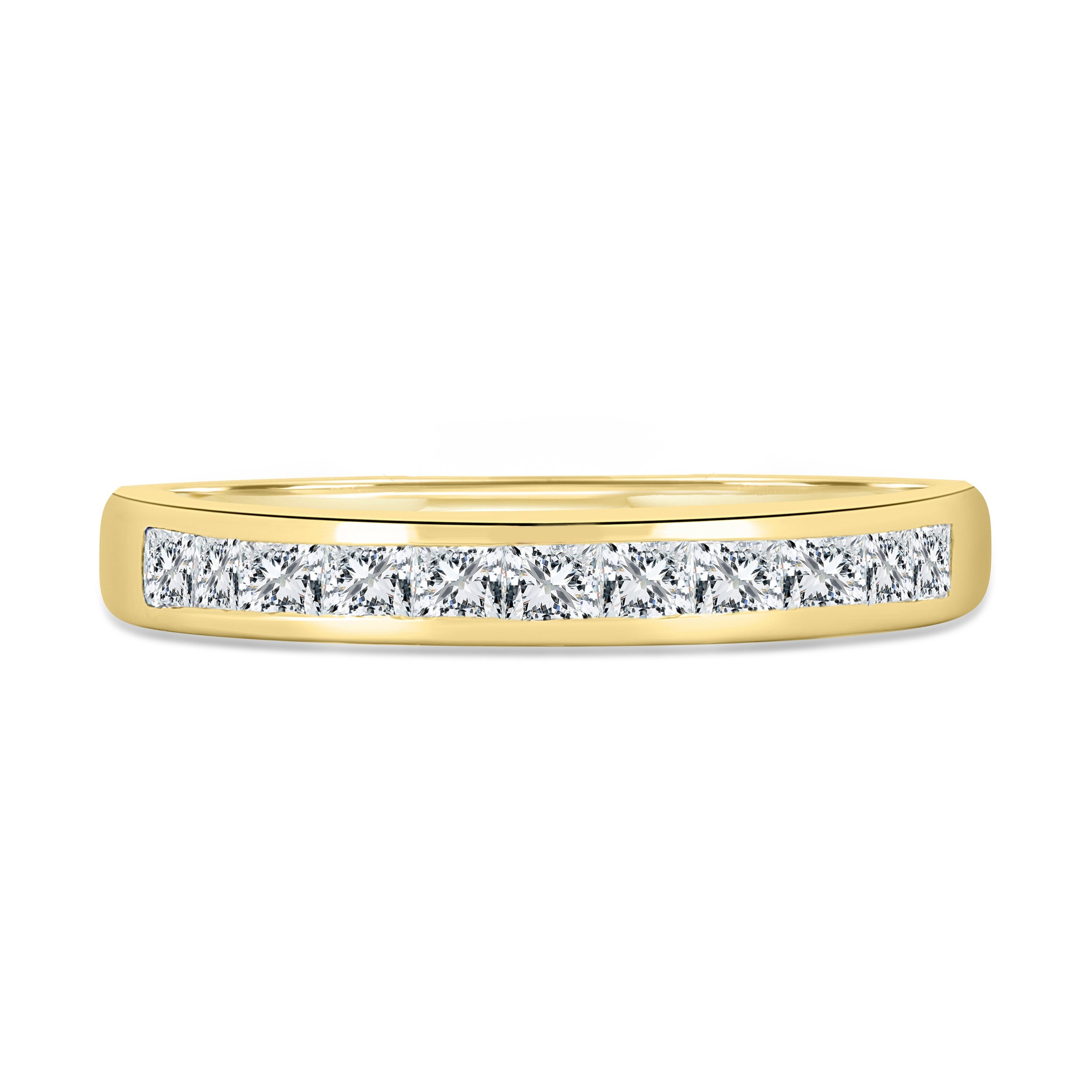 0.60 TCW princess cut moissanite wedding band in a sleek channel setting – modern and elegant gold ring, perfect for timeless bridal wear or stacking.