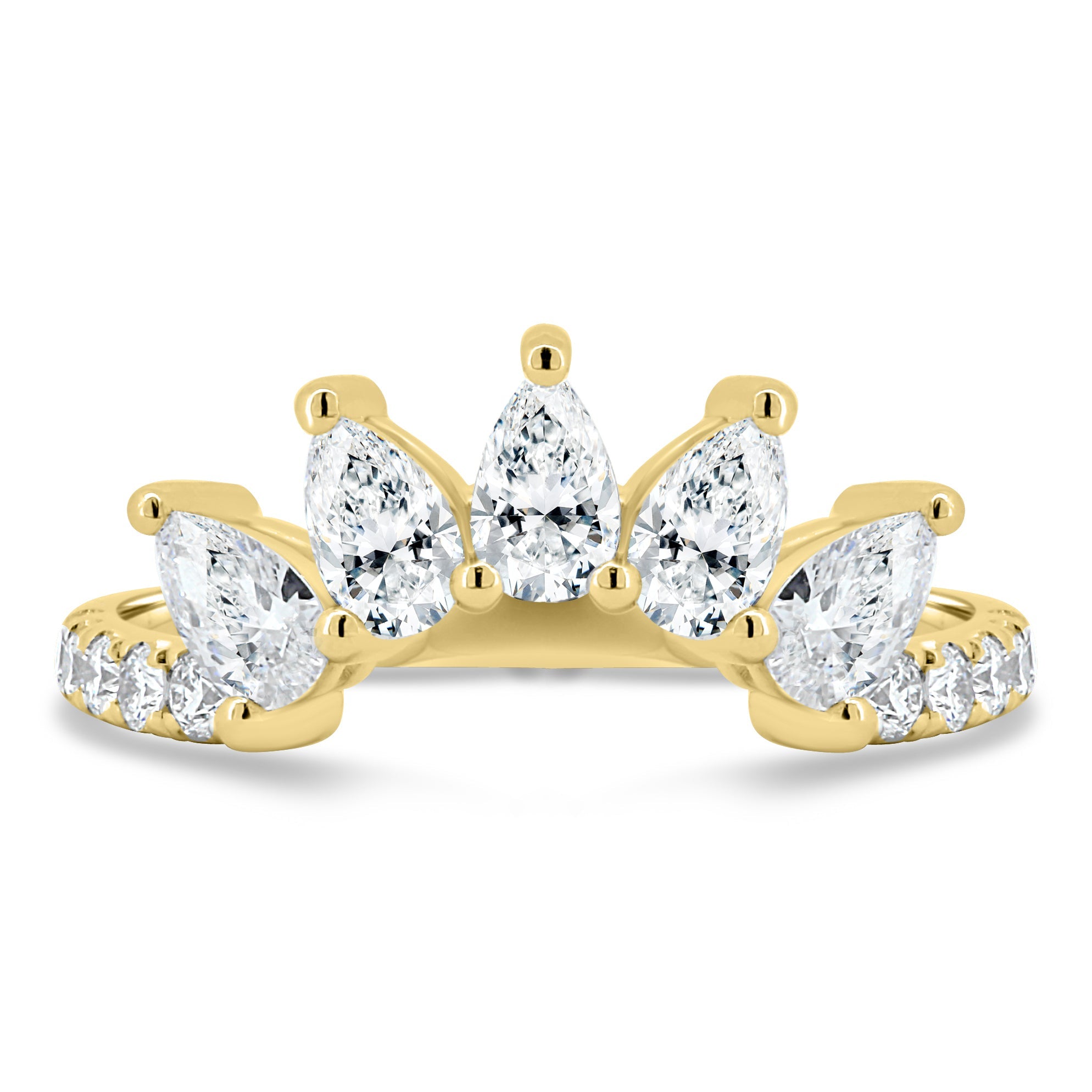1.49 TCW pear and round cut moissanite wedding band in a bold crown-style design – dazzling, statement bridal ring crafted in polished gold for a regal look.
