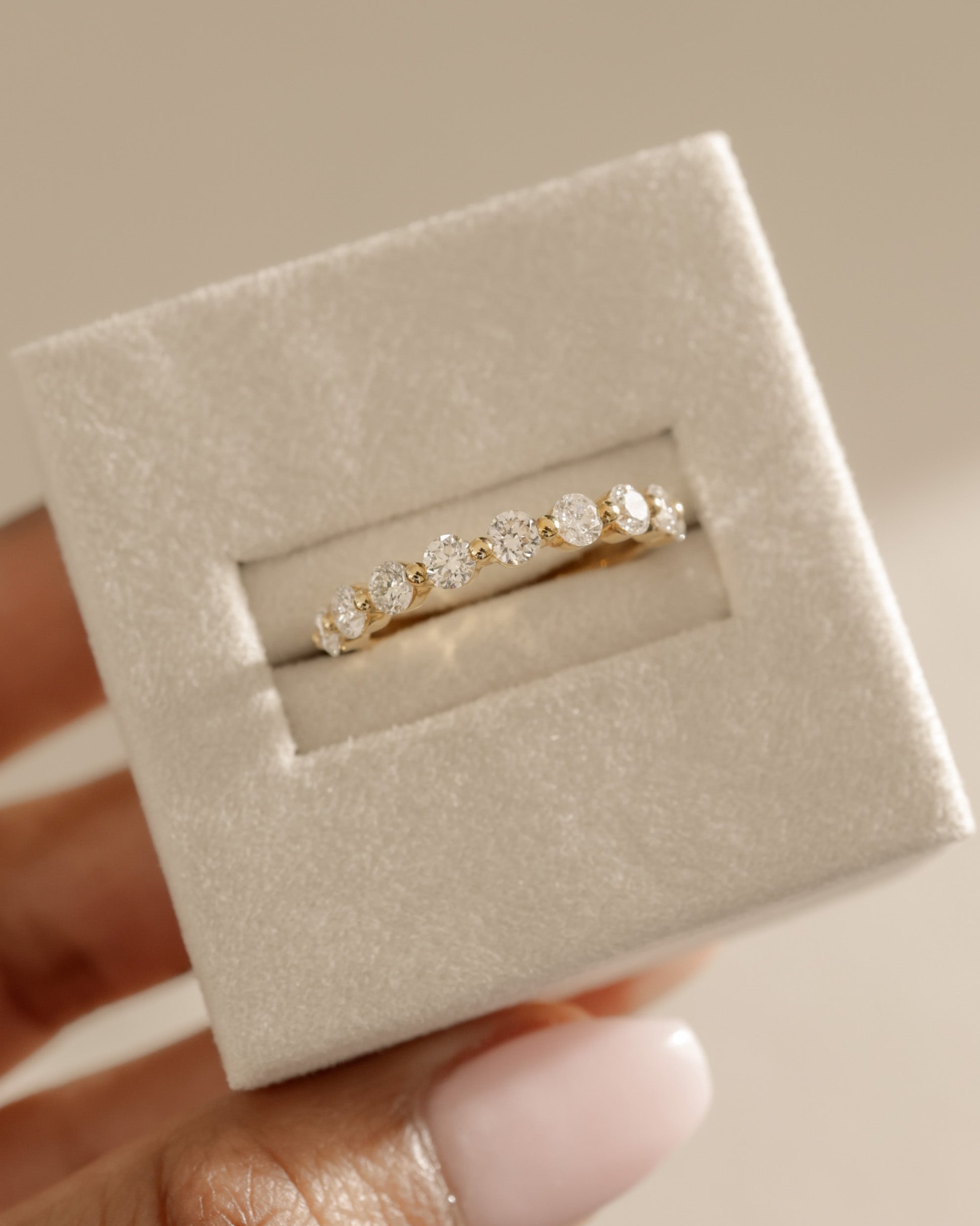 0.41 TCW round cut moissanite half eternity wedding band – classic and delicate gold band with sparkling stones, perfect for bridal stacking or everyday elegance.