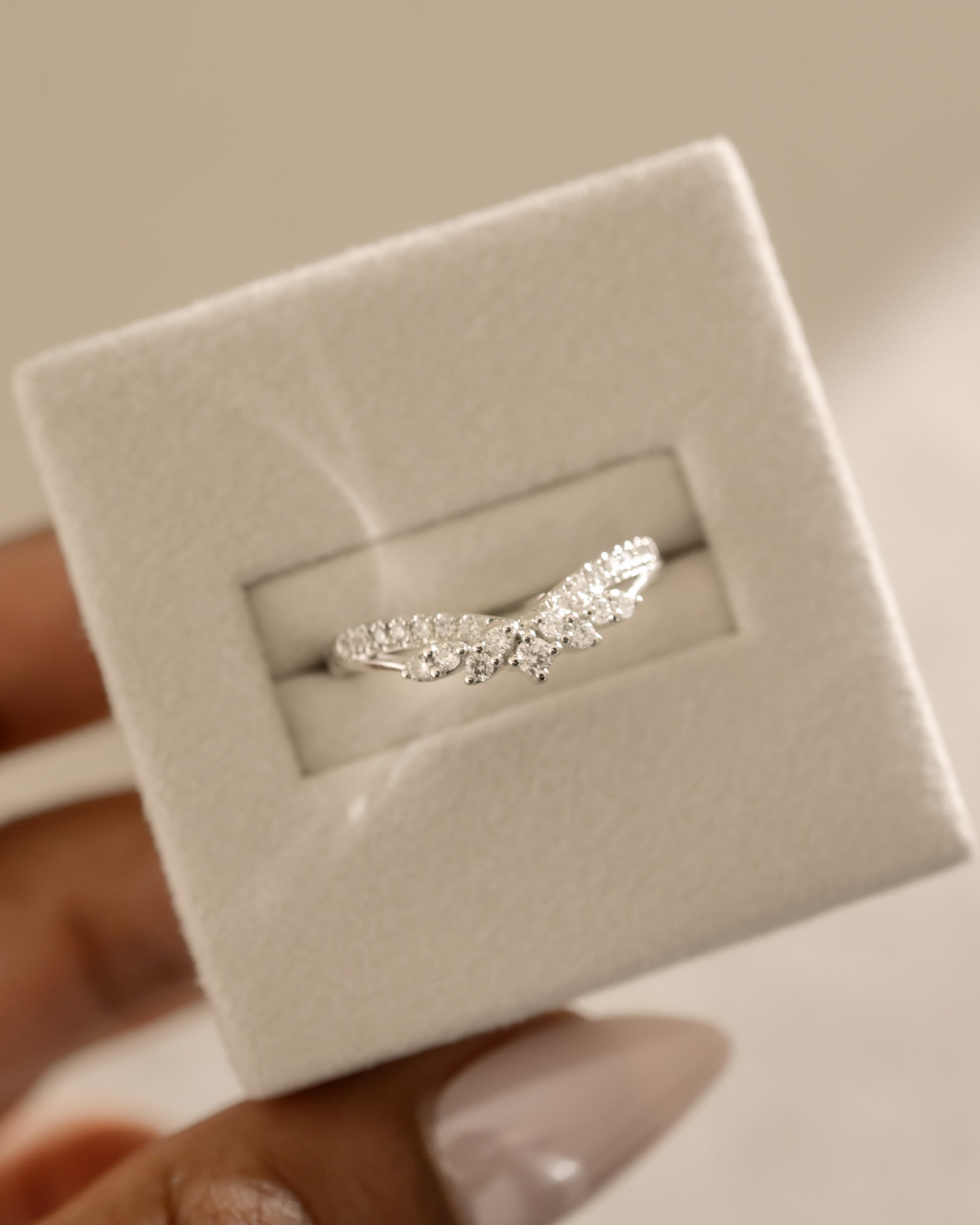 0.27 TCW round cut moissanite wedding band in a crown-inspired design – dainty and elegant ring crafted in polished gold, ideal for bridal stacking.