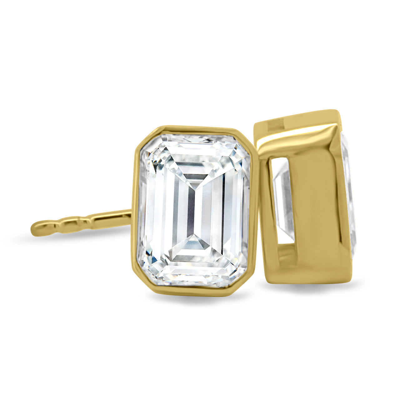 2.00 TCW emerald cut moissanite bezel set earrings – sleek and sophisticated gold studs featuring step-cut stones, perfect for modern bridal or everyday luxury.