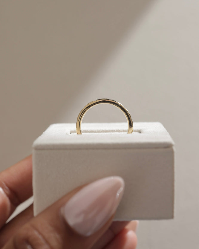 0.18 TCW round cut moissanite flush style wedding band β sleek and modern gold band with inset stones, perfect for a minimalist bridal or stacking look.