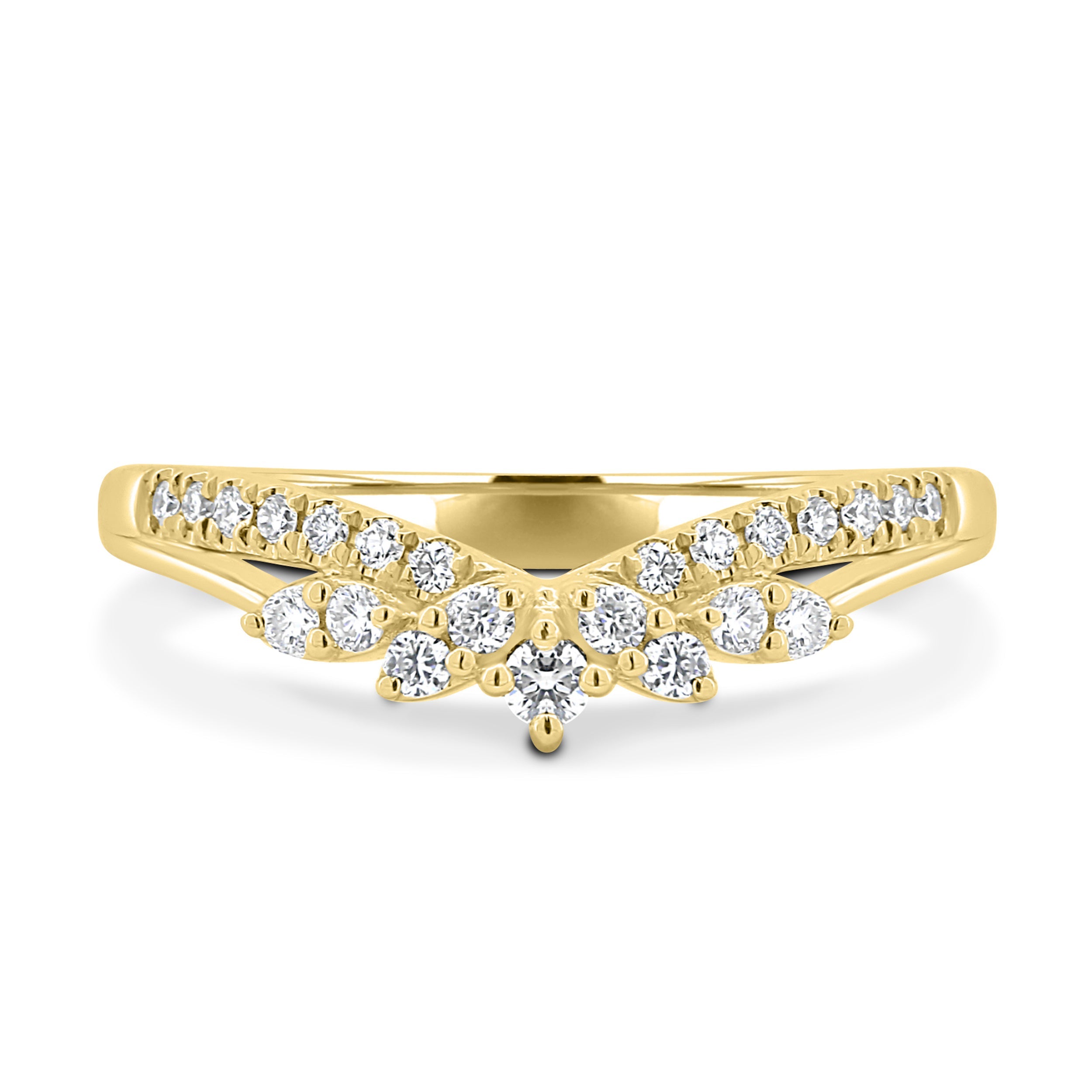0.27 TCW round cut moissanite wedding band in a crown-inspired design – dainty and elegant ring crafted in polished gold, ideal for bridal stacking.